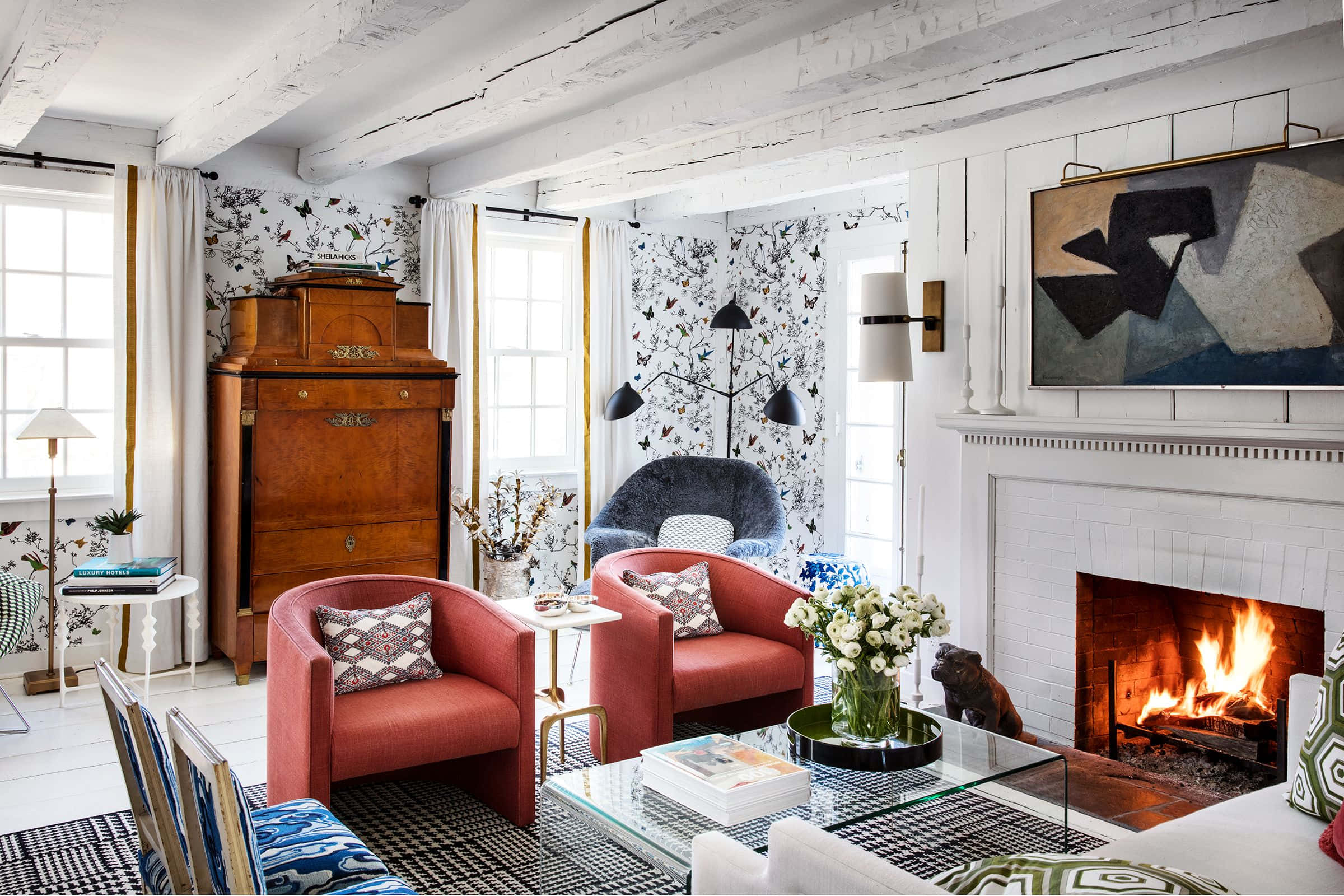 modern simple house interior design, red armchairs, fireplace, Full HD Desktop Wallpaper