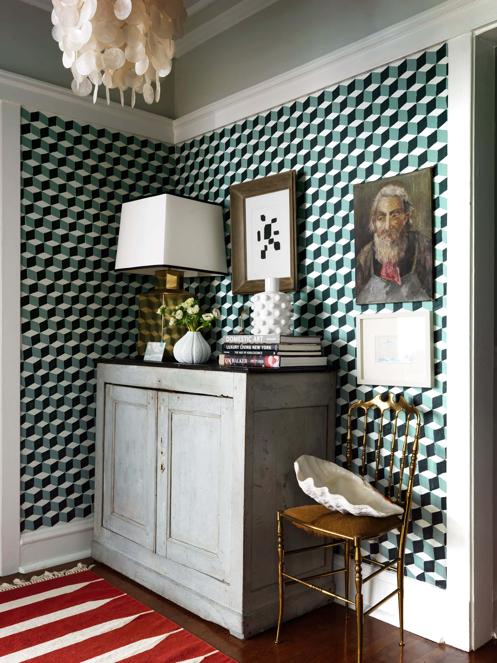 teal and white geometric wallpaper, distressed cabinet, gold chair, 2K Phone Wallpaper