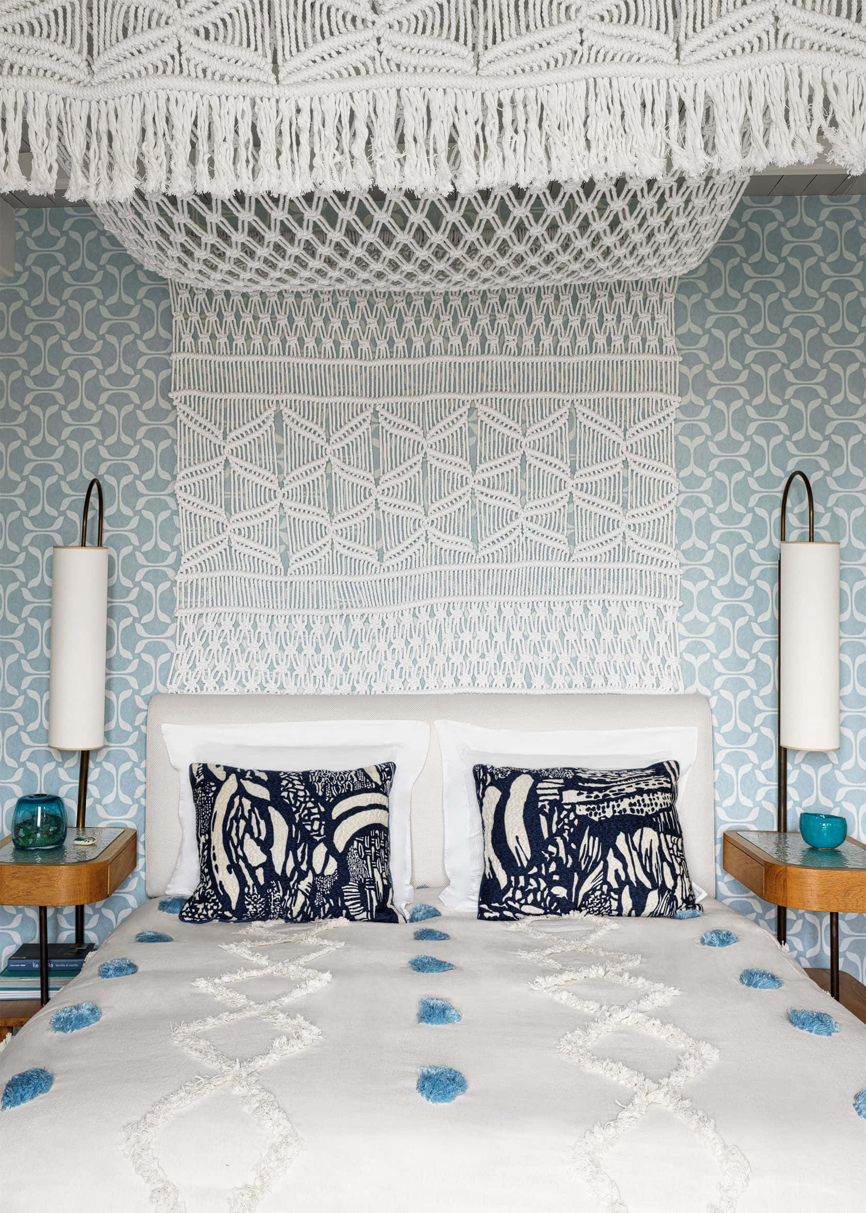 white macrame canopy, blue patterned pillows, light blue wallpaper, Full HD Phone Wallpaper