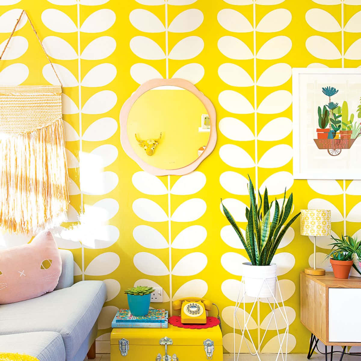 vibrant yellow, white leaf patterns, macrame, SD Desktop Wallpaper