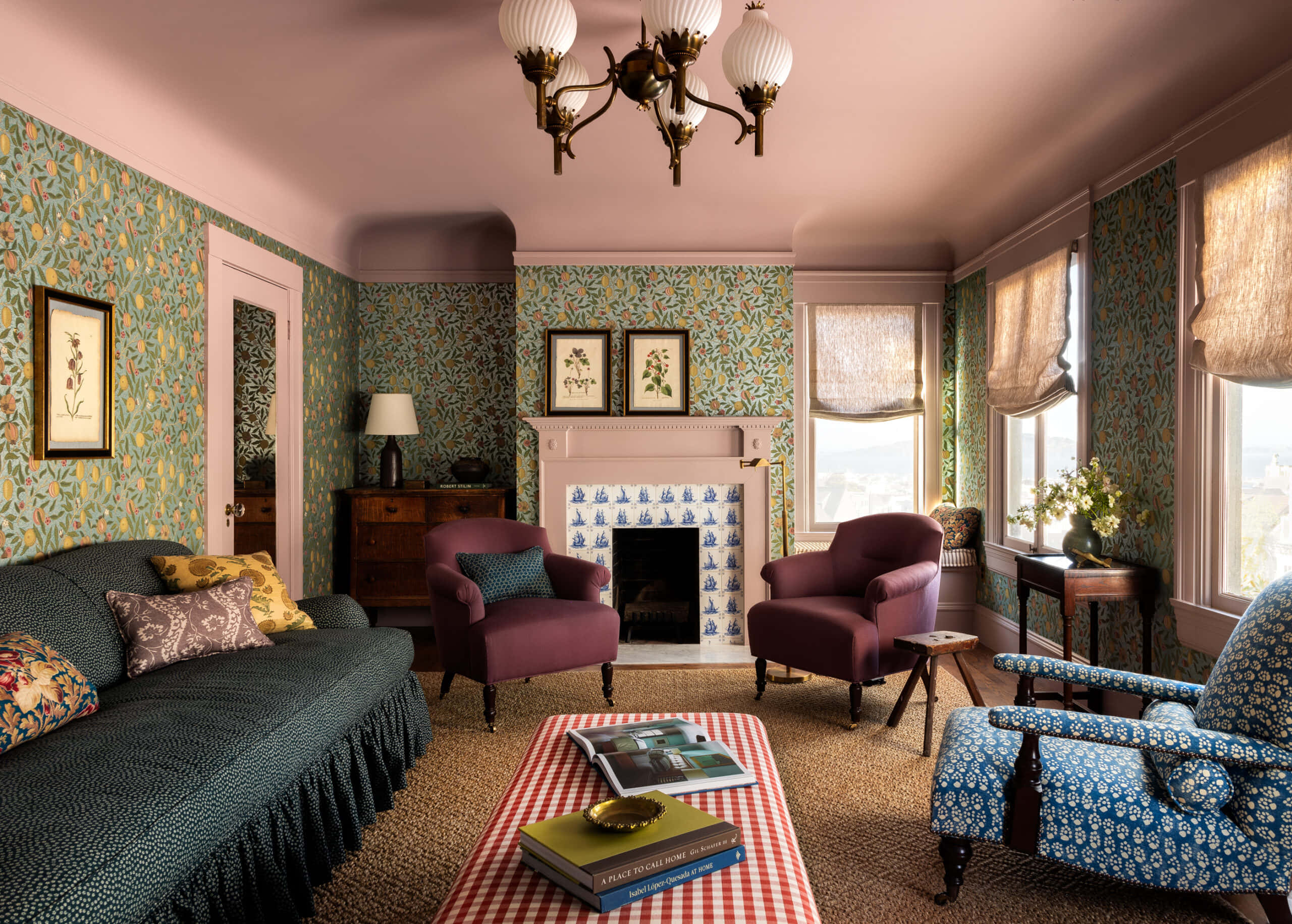 midcentury living room, floral wallpaper, purple armchairs, 2K Desktop Wallpaper