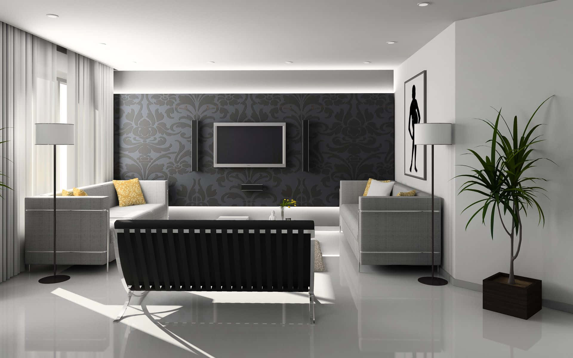 black minimalist house interior design, modern minimalist living room, sleek gray sofas, Full HD Desktop Wallpaper