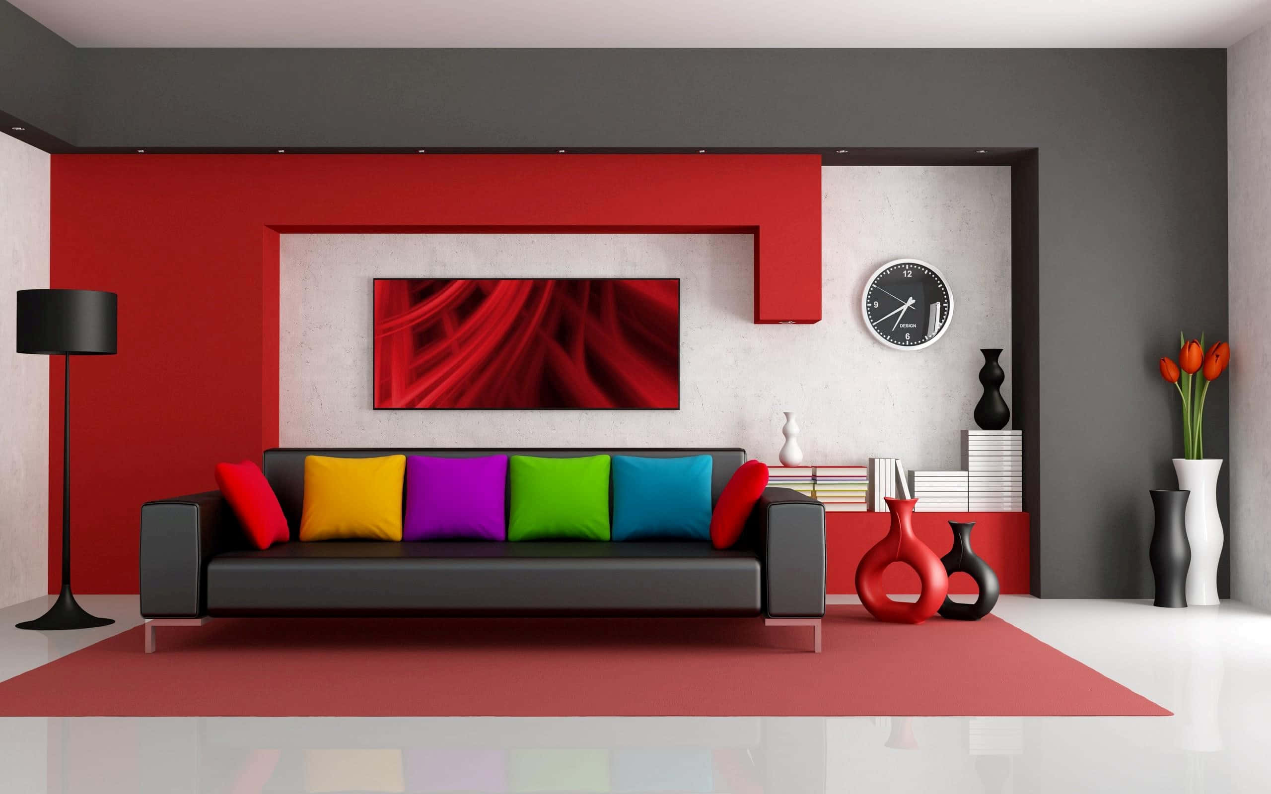 pop red color house interior, modern living room, black sofa, 2K Desktop Wallpaper