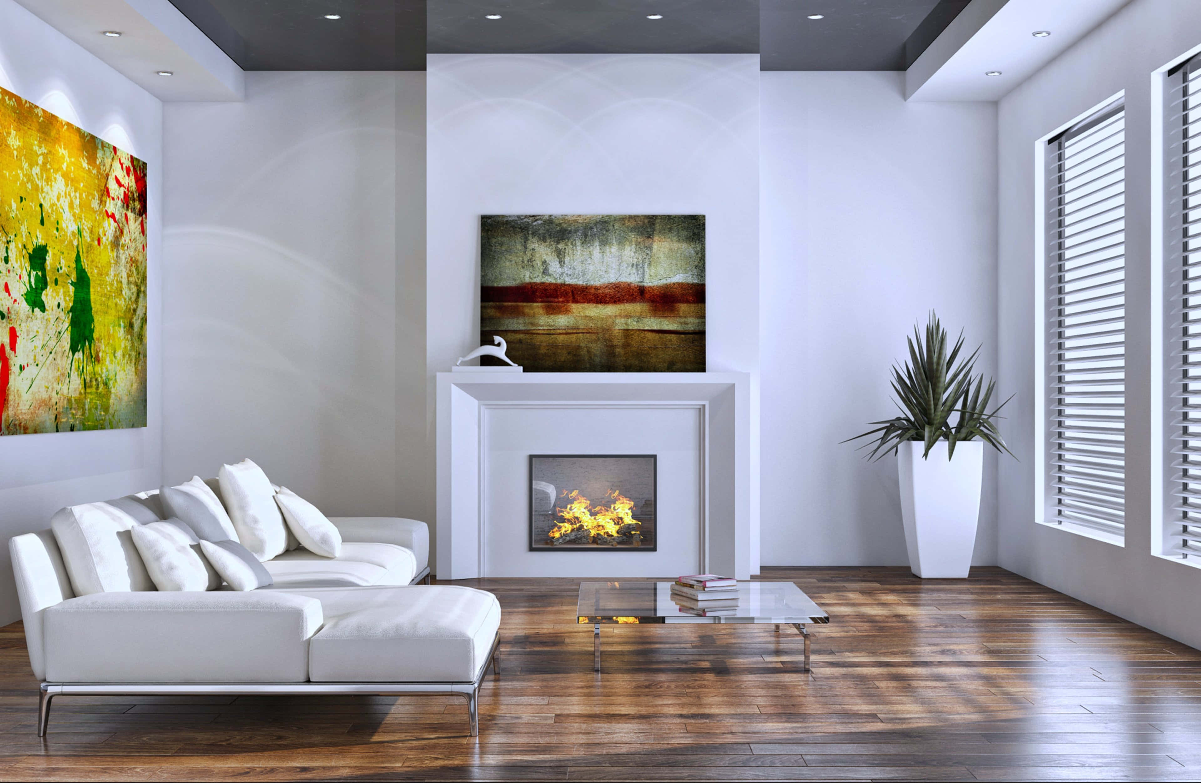 European Living Room, white sofa, fireplace, 4K Desktop Wallpaper