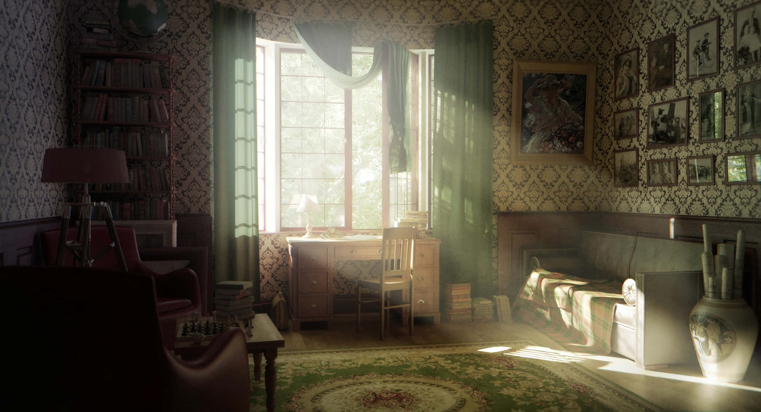 vintage study, patterned wallpaper, bookshelves, Full HD Desktop Wallpaper