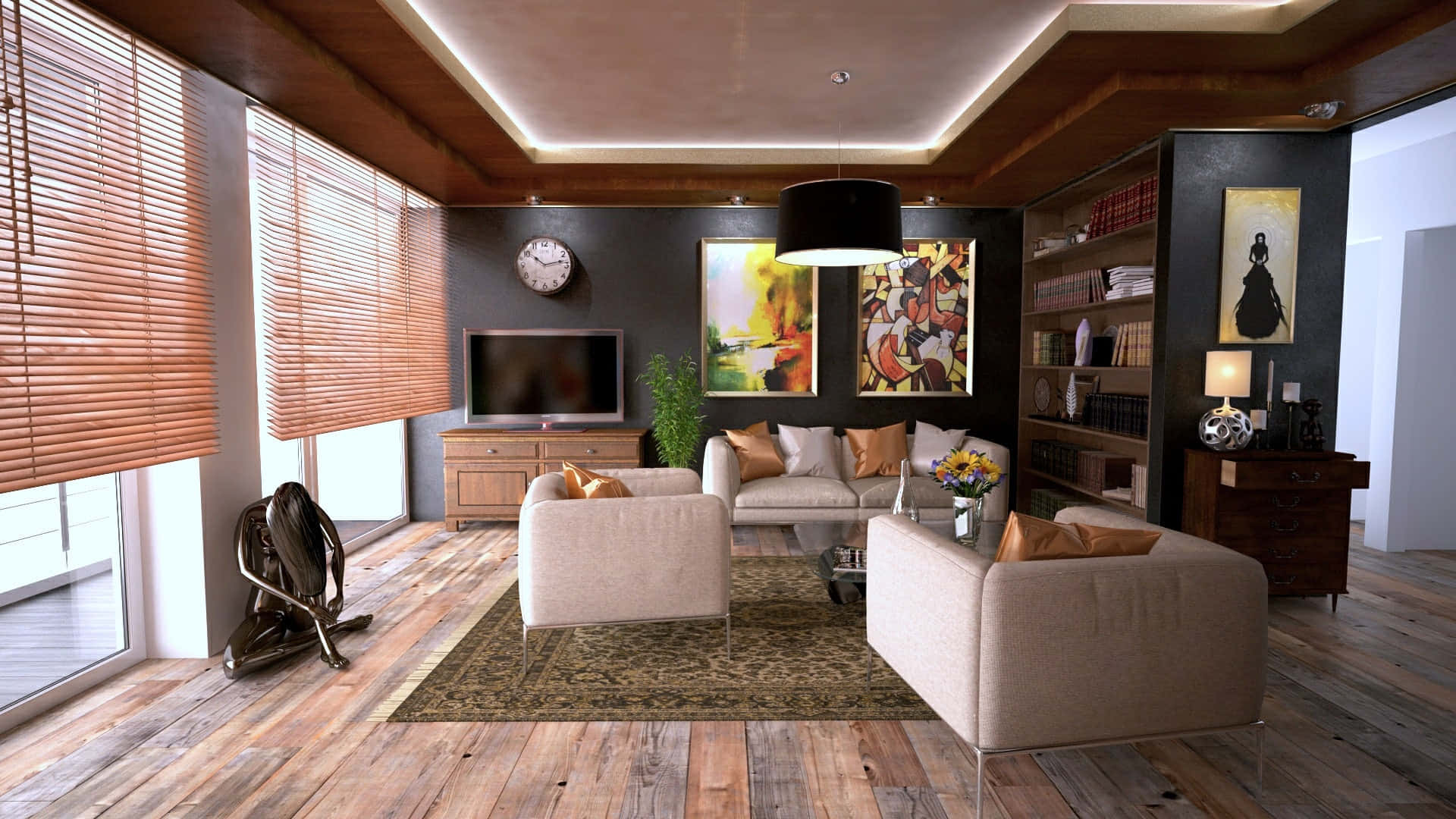 modern wood house interior design, wooden floors, blinds, Full HD Desktop Wallpaper