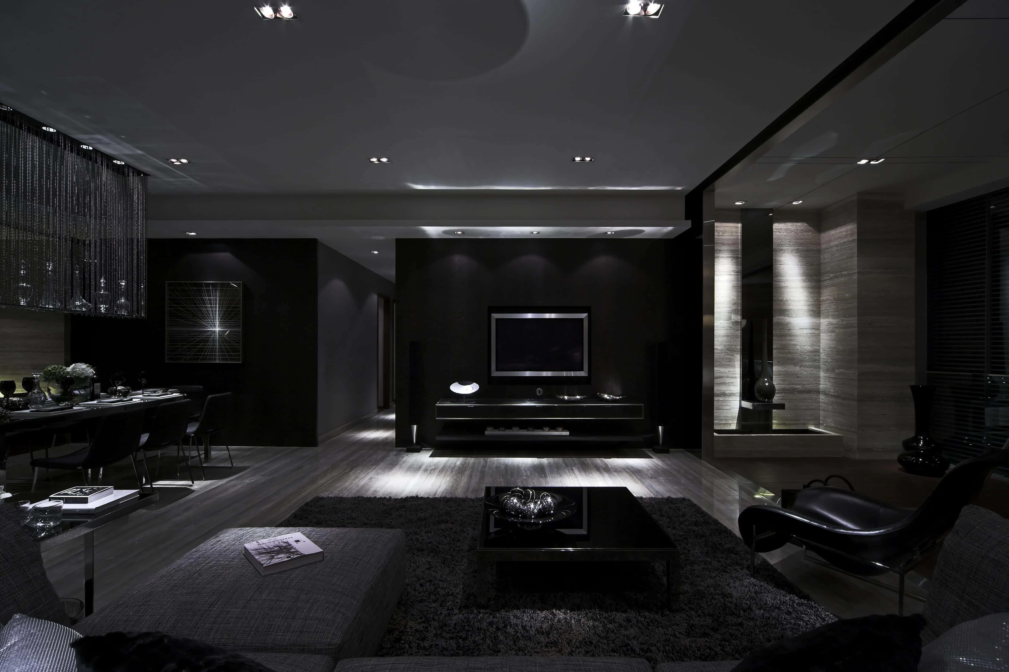 modern black living room, dramatic low lighting, black furniture, 4K Desktop Wallpaper