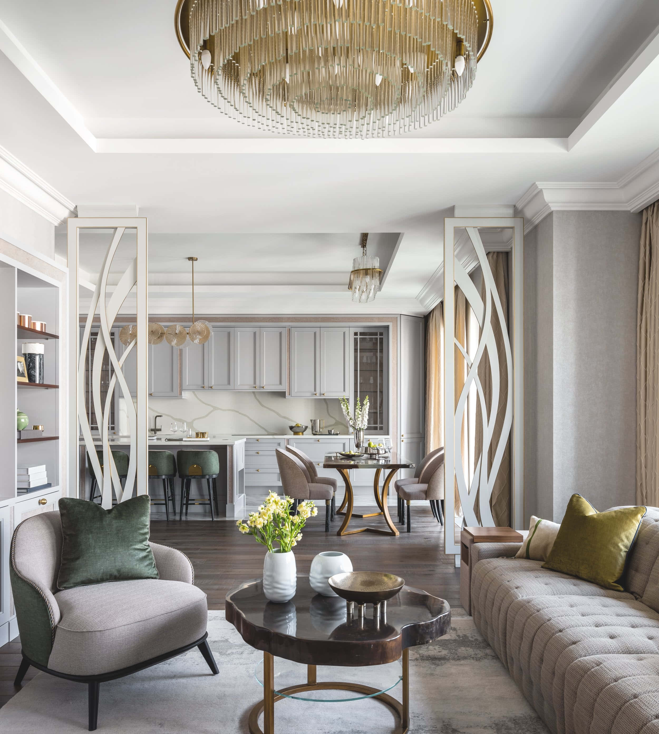 gold chandelier, gray sofa, green pillows, 2K Phone Wallpaper