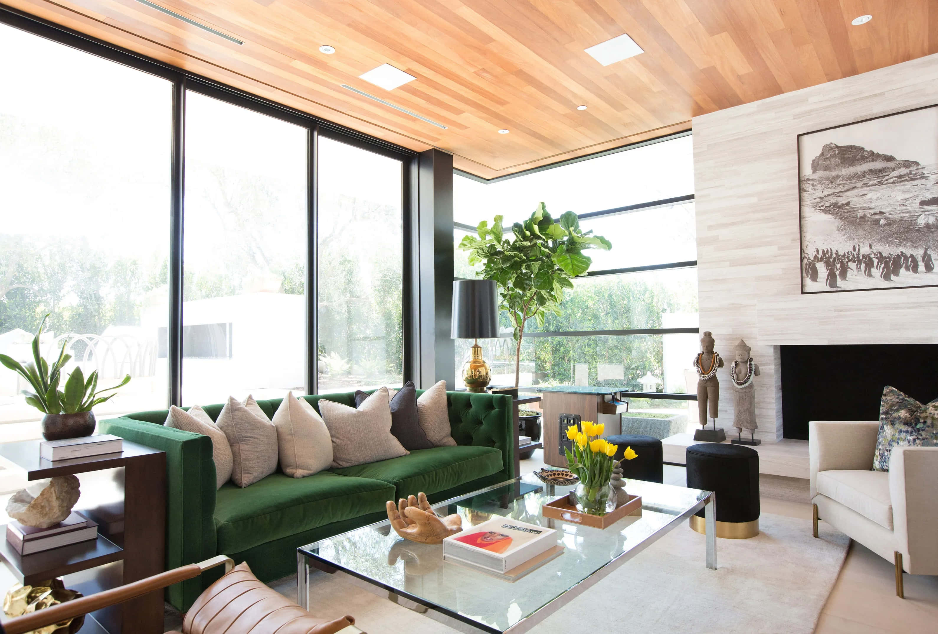 modern living room, green velvet sofa, wooden ceiling, 2K Desktop Wallpaper