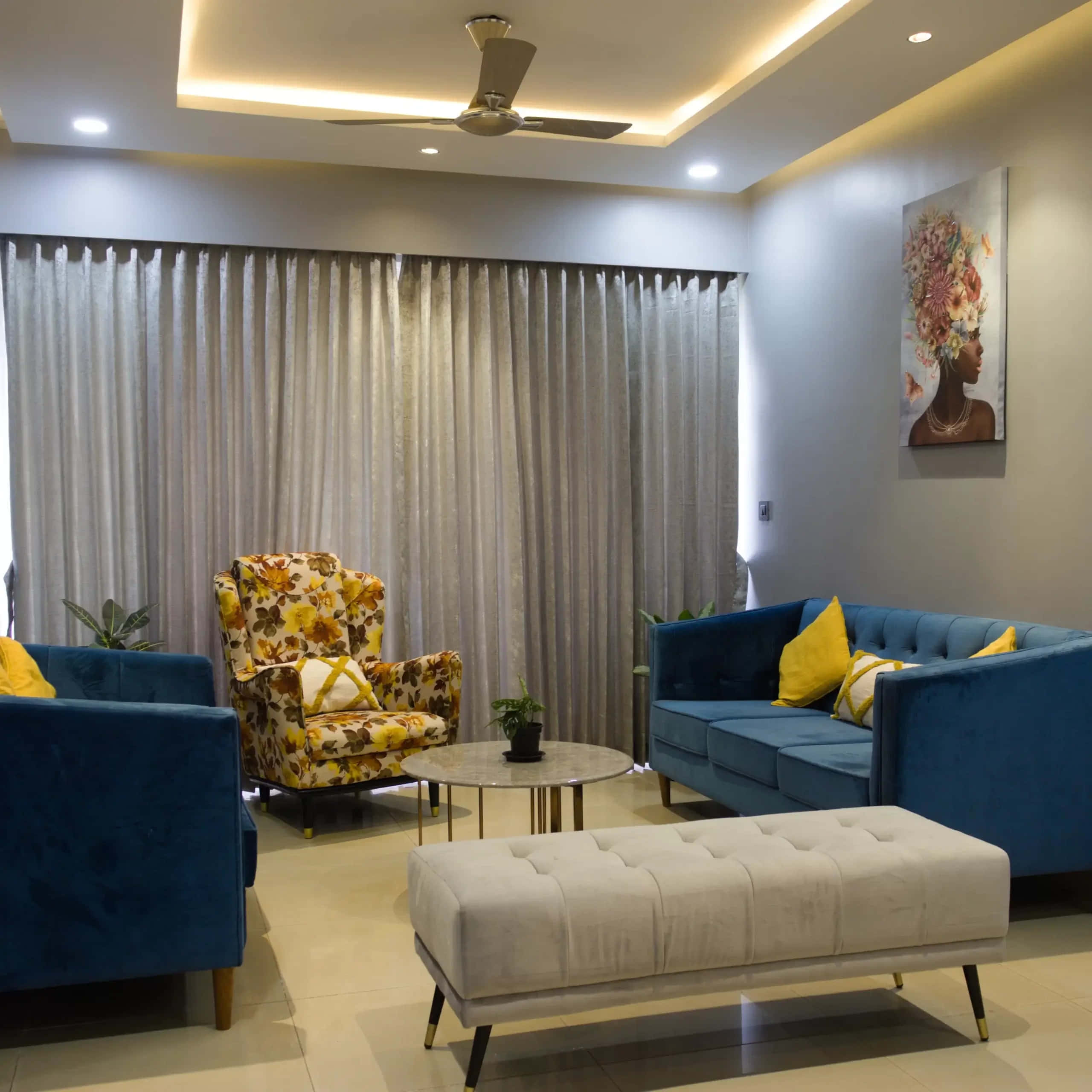 blue velvet sofas, yellow accent pillows, floral armchair, 2K Desktop Wallpaper