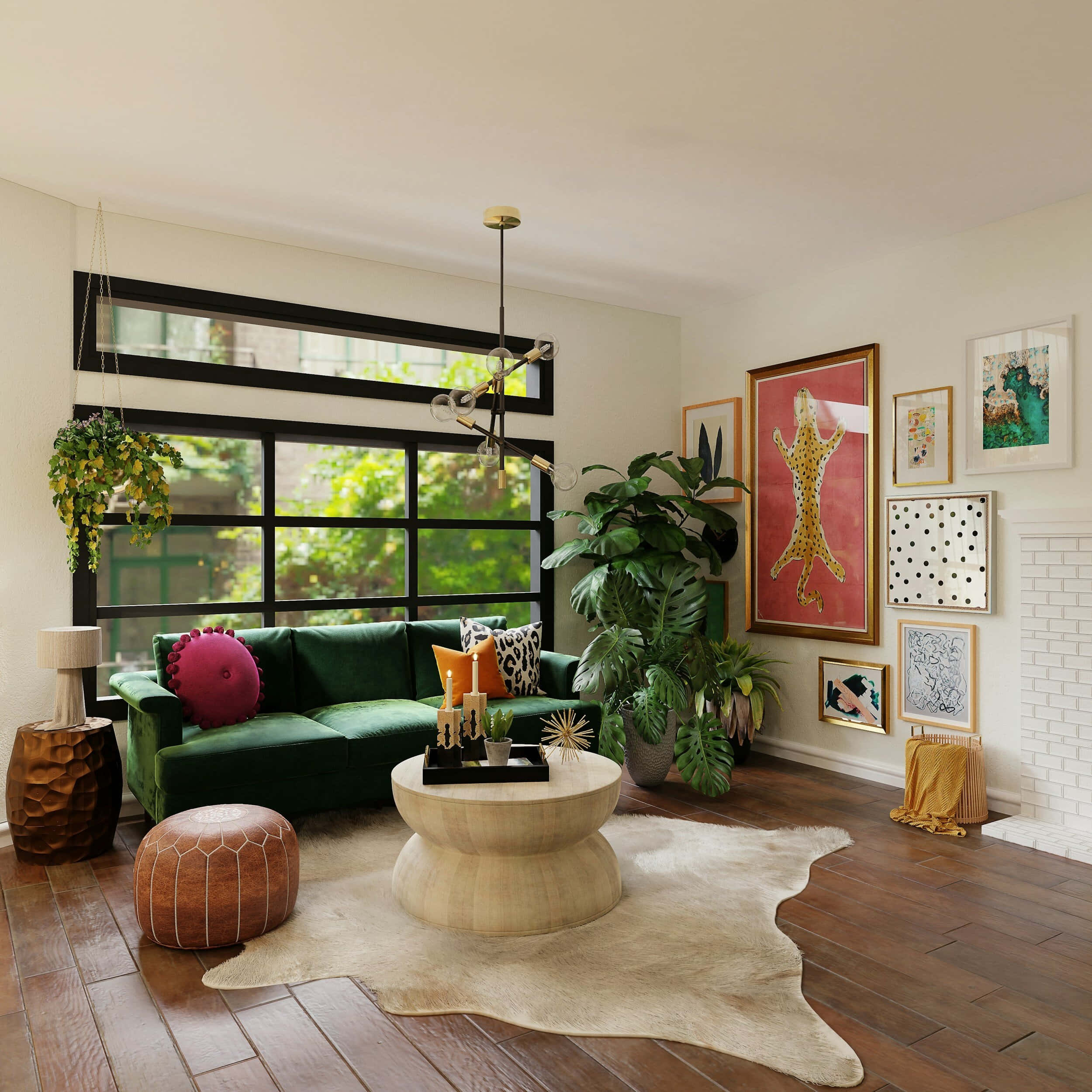 modern bohemian living room decor, green velvet sofa, wooden floors, Full HD Desktop Wallpaper