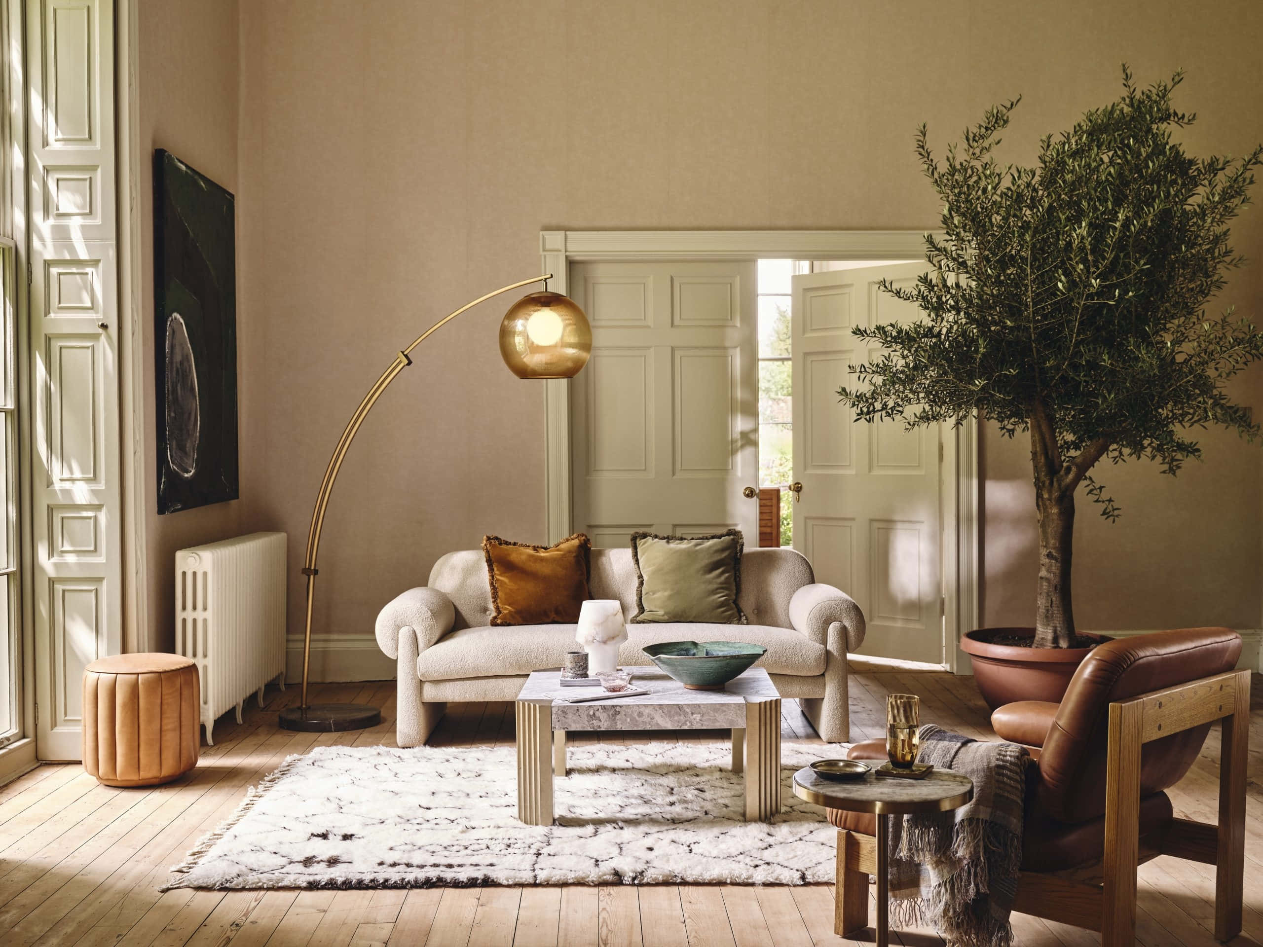 elegant living room interior, natural elements, beige sofa, 2K Desktop Wallpaper