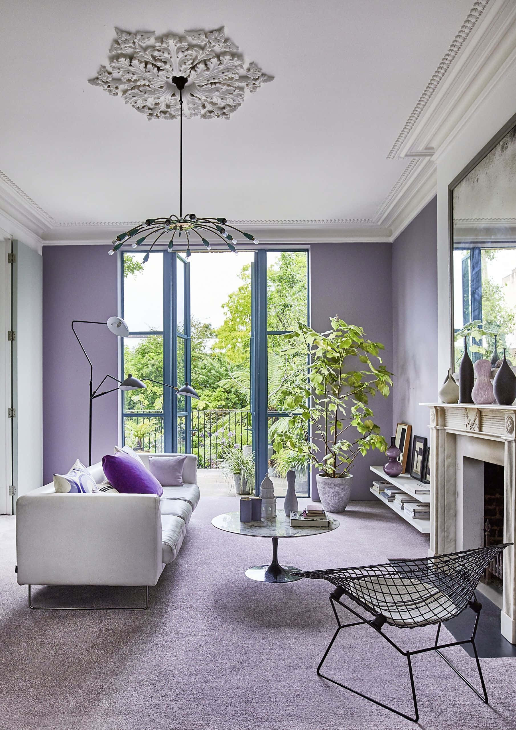 lavender walls, black wire chair, purple pillows, 2K Phone Wallpaper