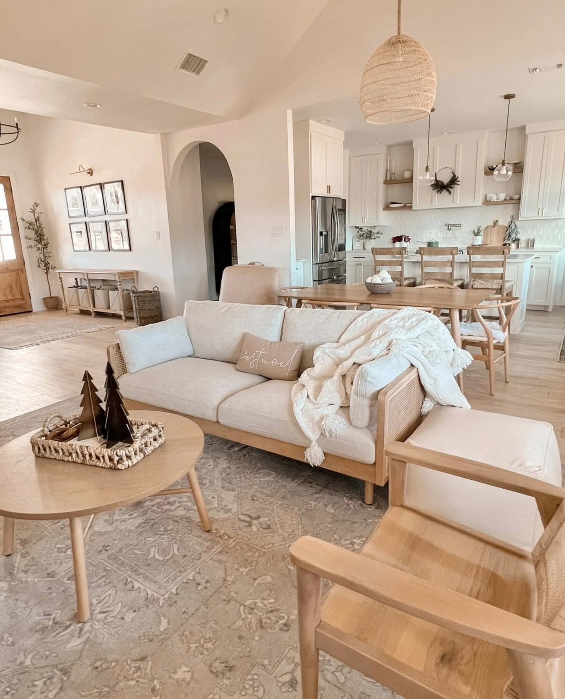 beige sofa, white knit throw, sunlit open-plan living room, Full HD Phone Wallpaper