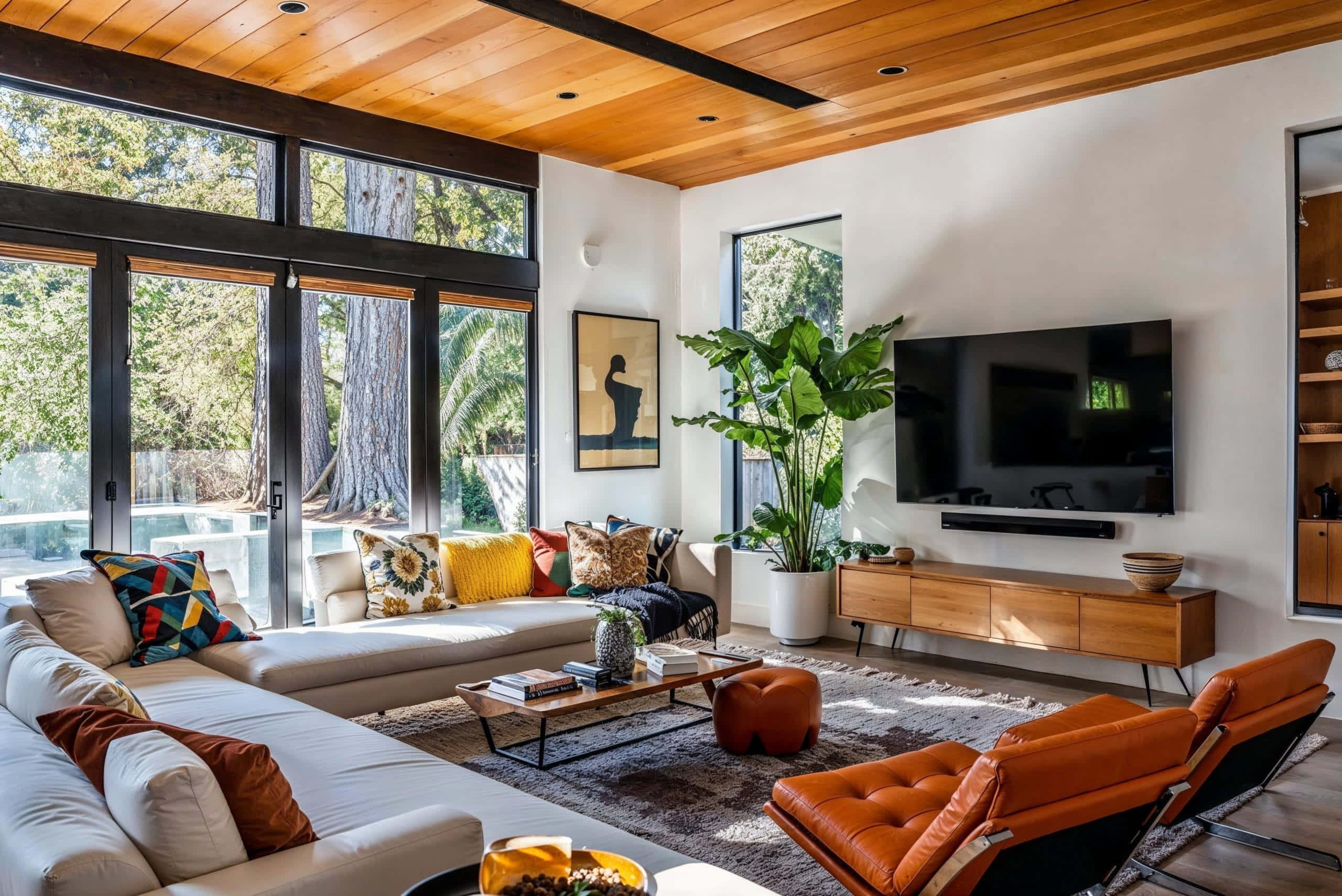 modern living room, wooden ceiling beams, large windows, 2K Desktop Wallpaper