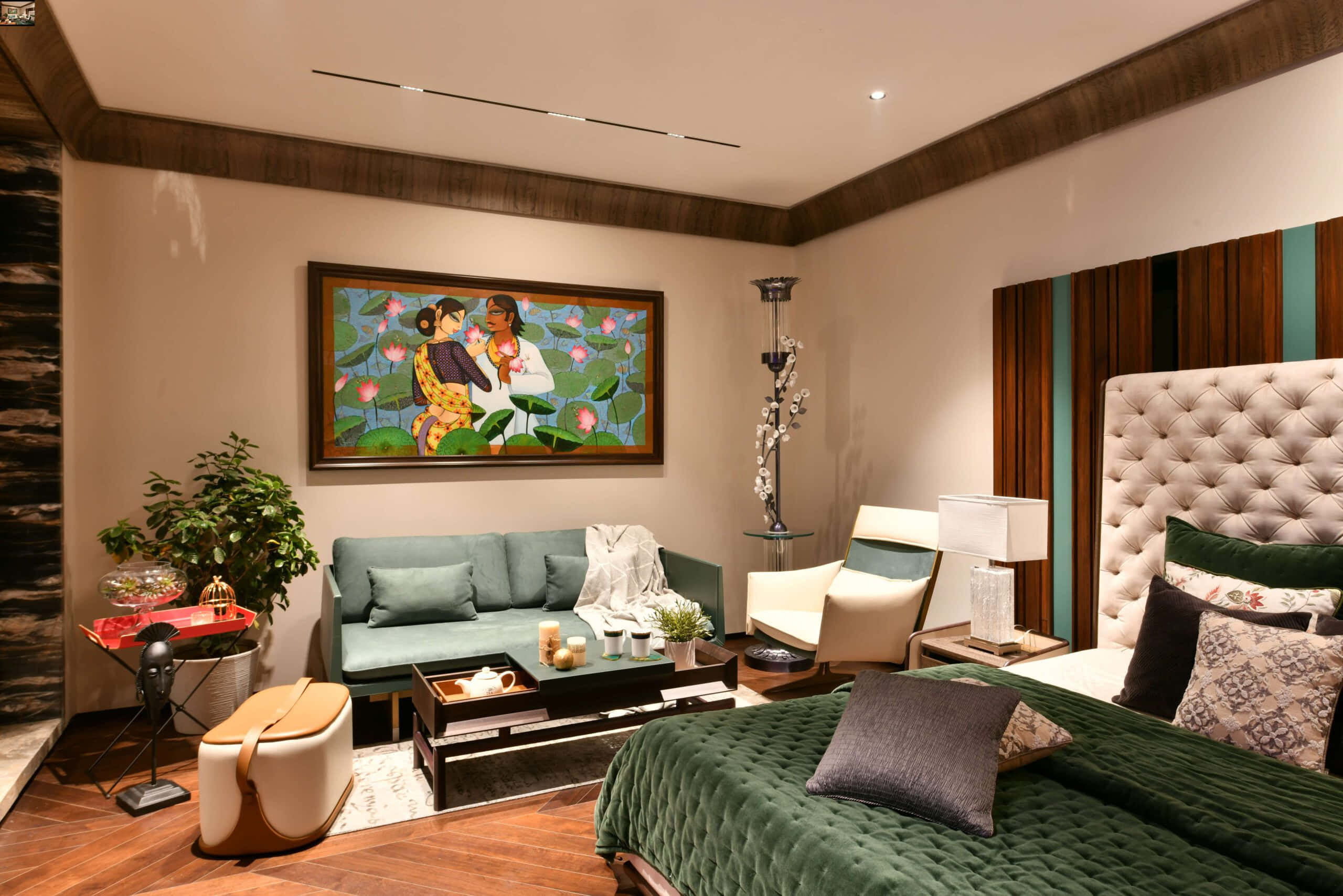 green quilted bed, tufted headboard, teal sofa, 2K Desktop Wallpaper