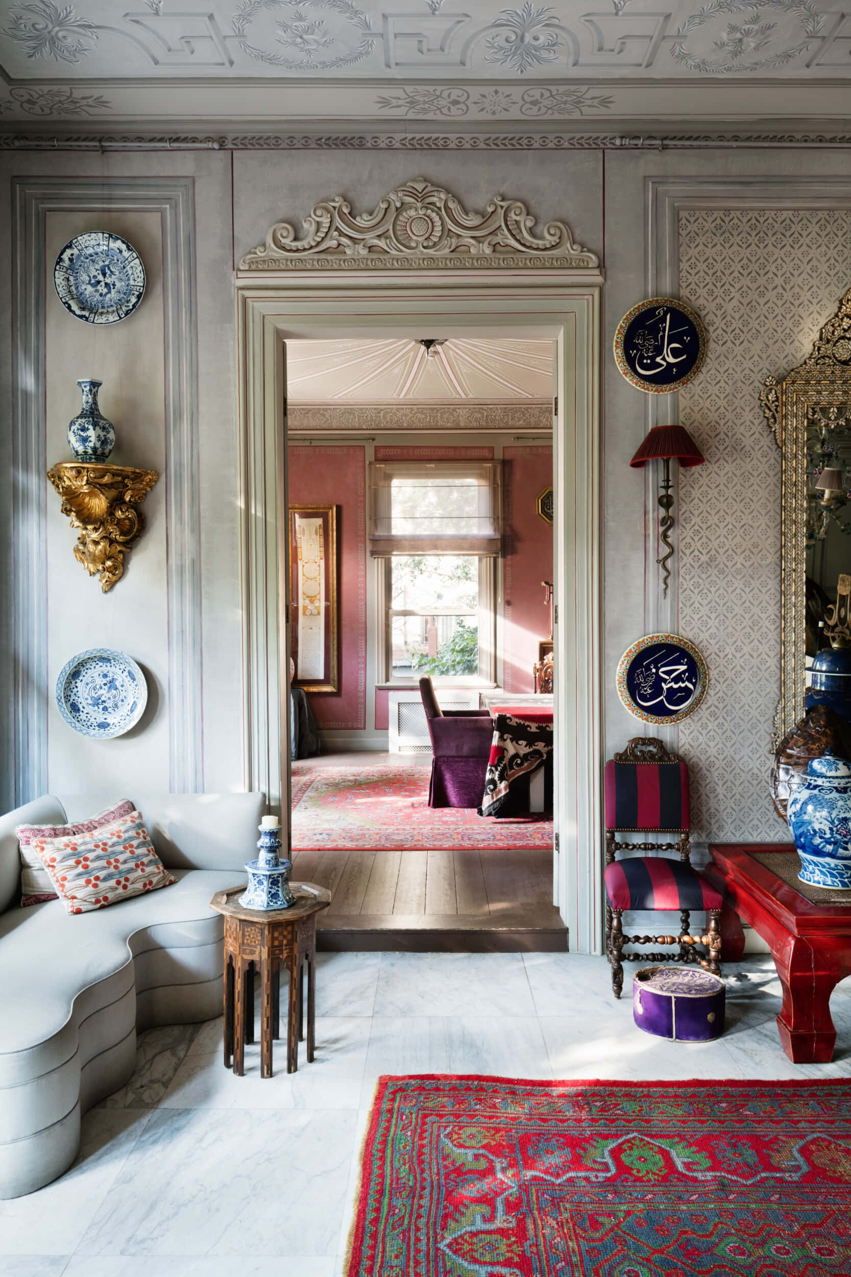 ornate moldings, blue and white porcelain plates, gold accents, Full HD Phone Wallpaper