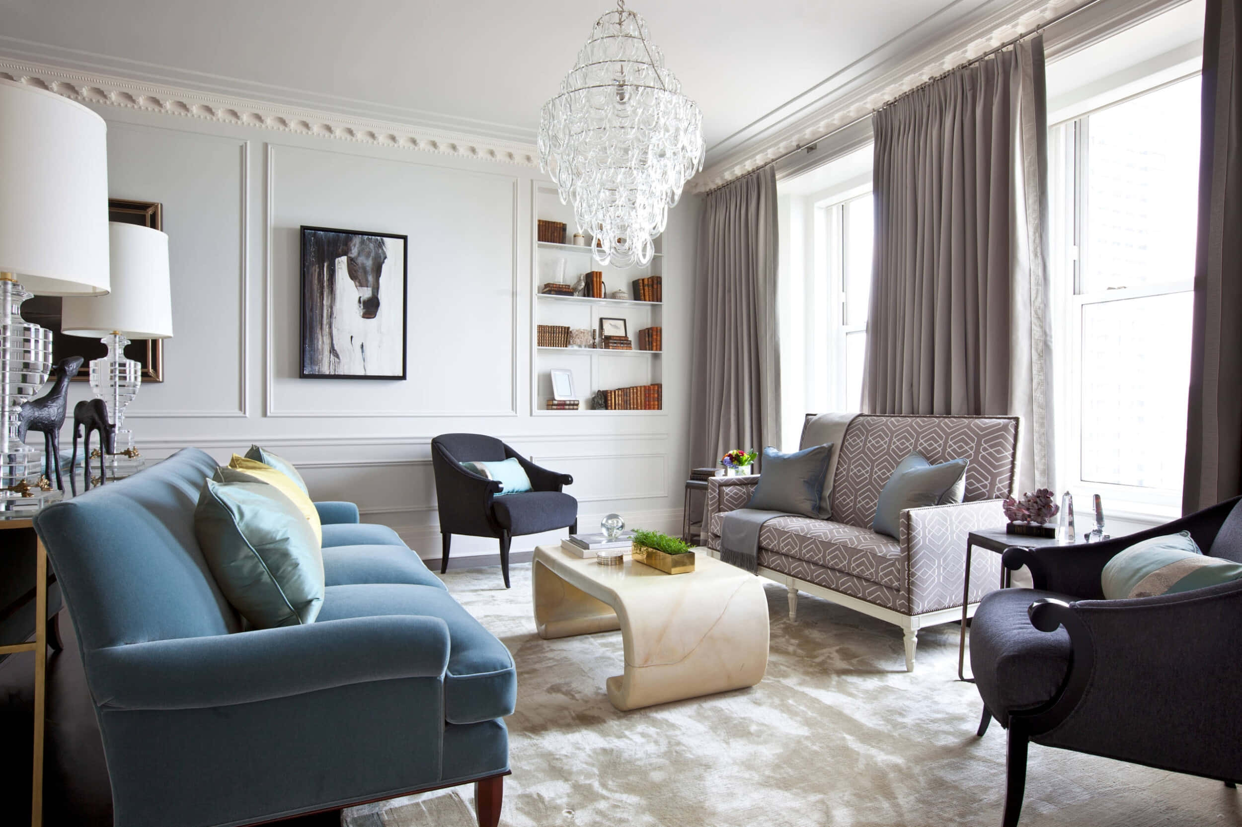 blue velvet sofa, gray patterned armchairs, marble coffee table, Full HD Desktop Wallpaper