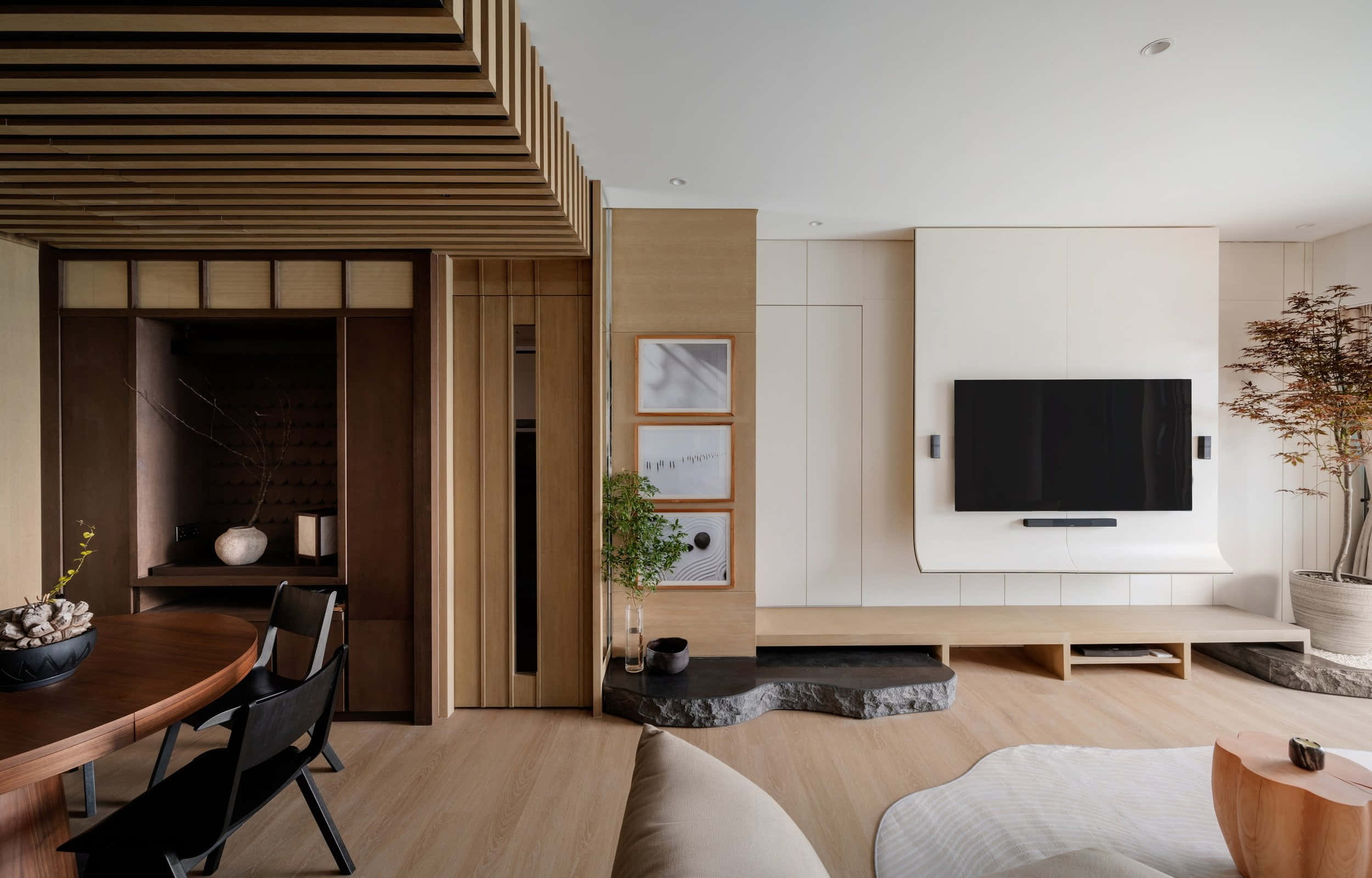 modern minimalist living room, wooden floors, wooden ceiling, Full HD Desktop Wallpaper