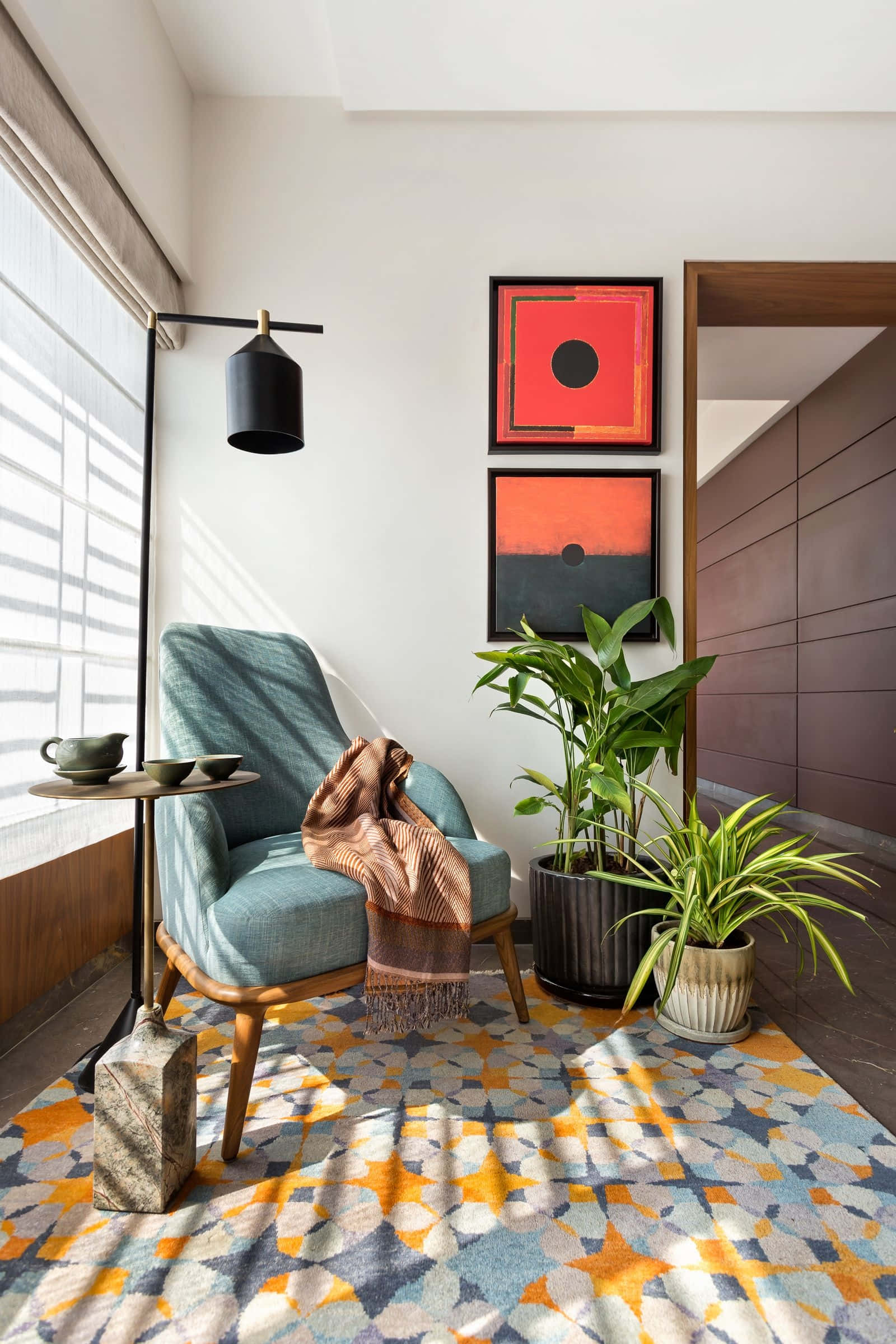 teal armchair, rust throw, geometric rug, Full HD Phone Wallpaper
