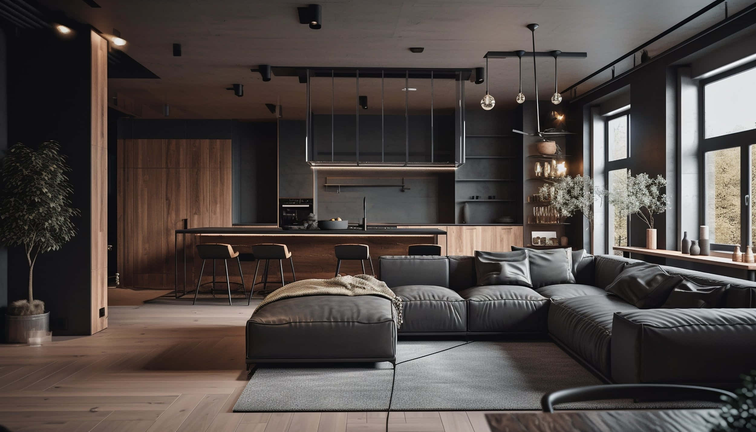 modern industrial, dark leather sectional sofa, wooden floors, Full HD Desktop Wallpaper