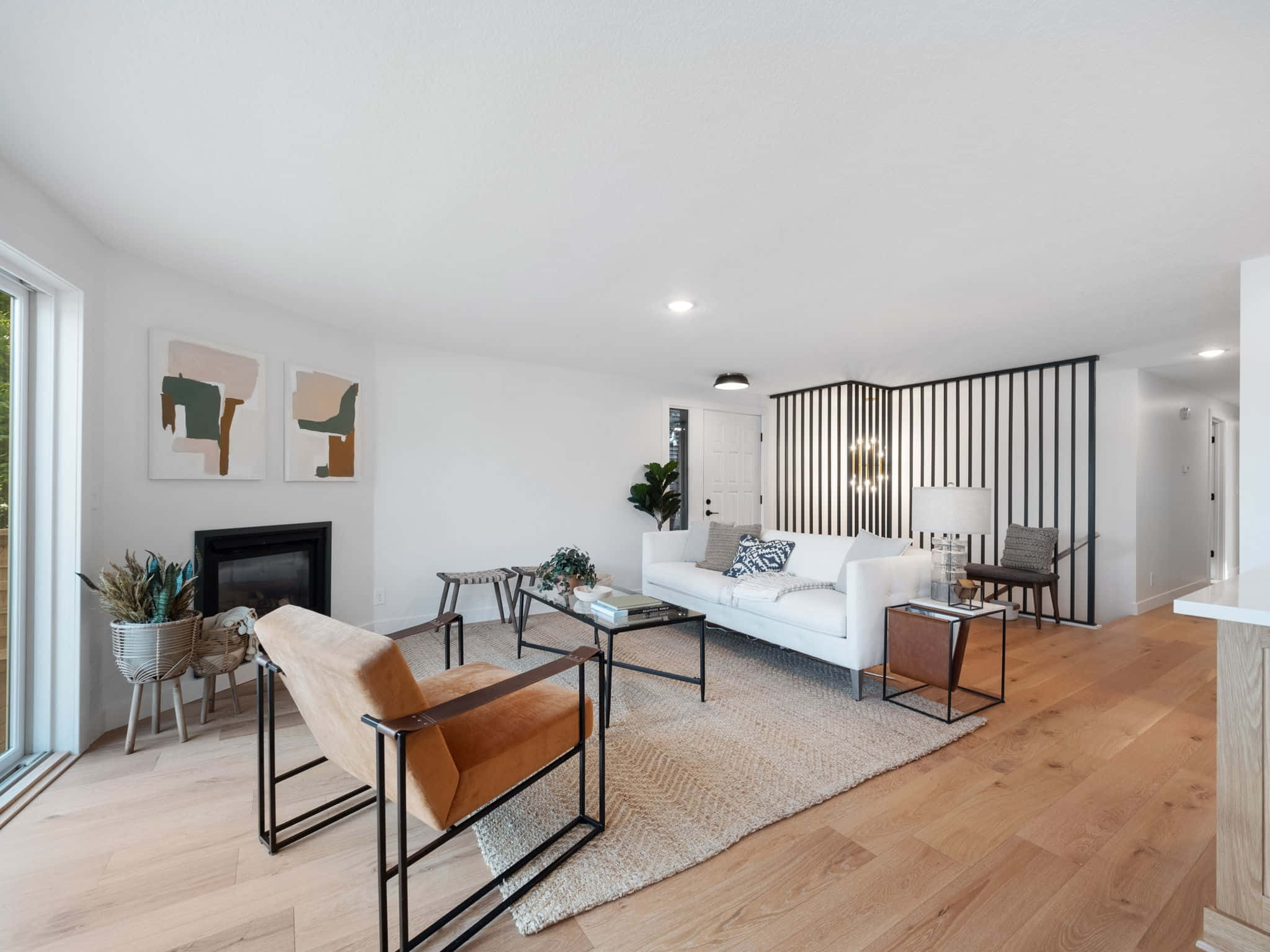 modern living room, light wood floors, white walls, Full HD Desktop Wallpaper