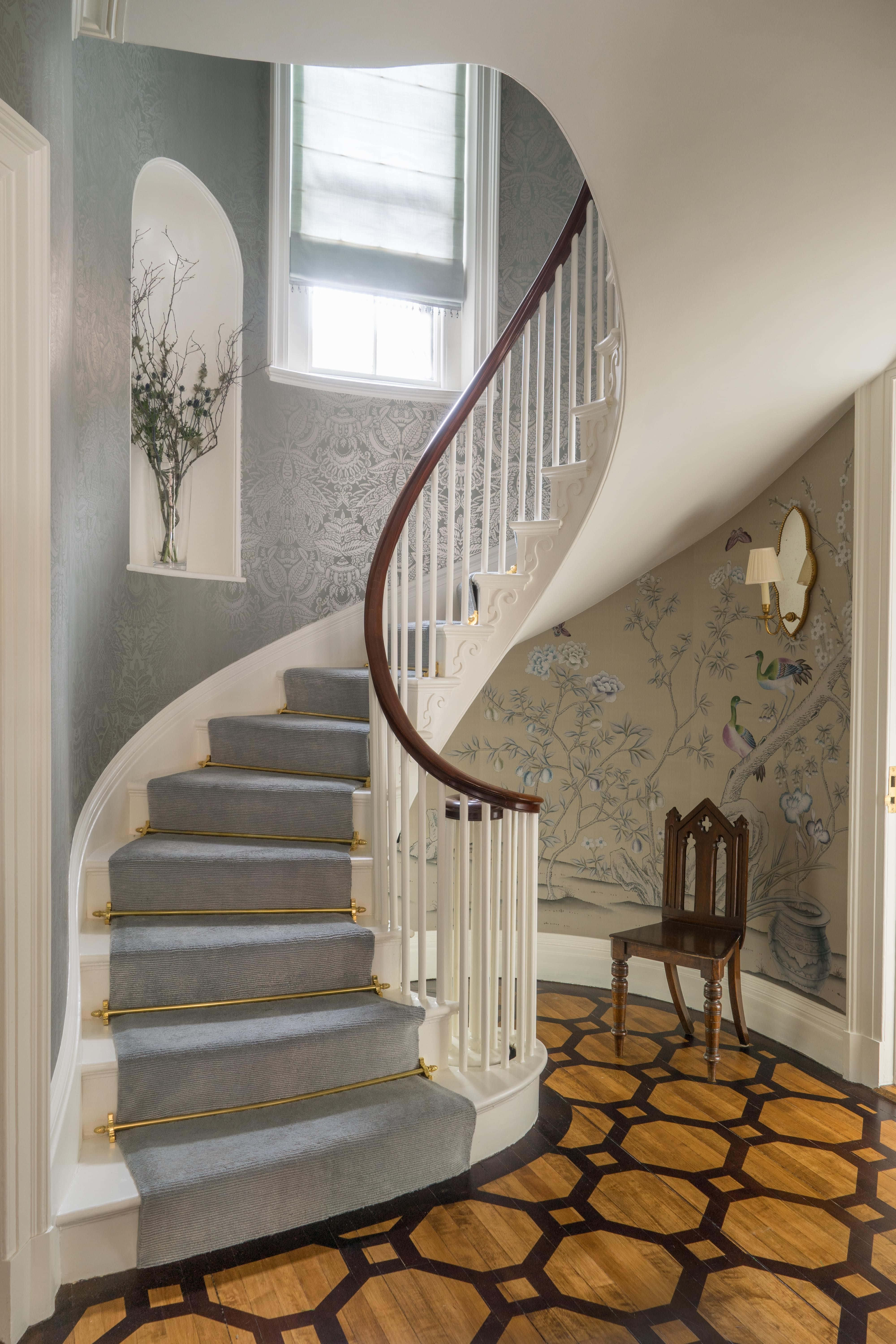 carpeted spiral steps, gray carpet, gold handrails, 5K Phone Wallpaper