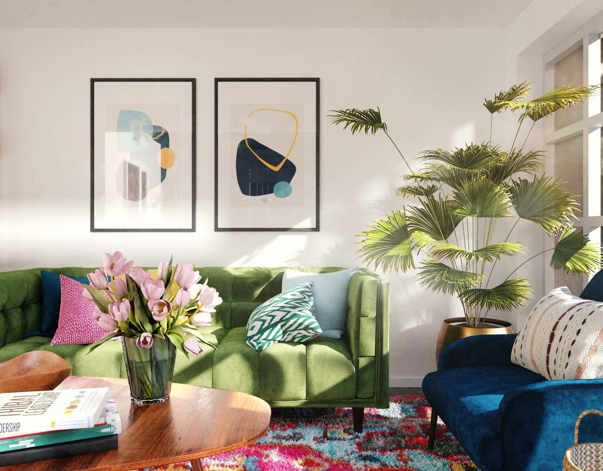 green tufted sofa, patterned pillows, wooden coffee table, Full HD Desktop Wallpaper