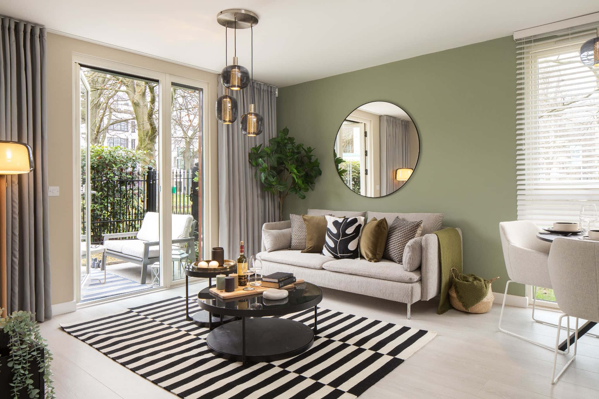 modern living room, olive green accent wall, black and white striped rug, Full HD Desktop Wallpaper