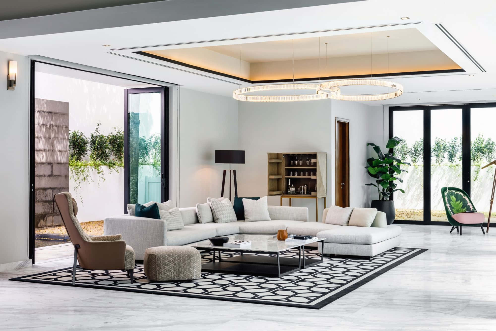white sectional sofa, black and white patterned rug, glass doors, Full HD Desktop Wallpaper