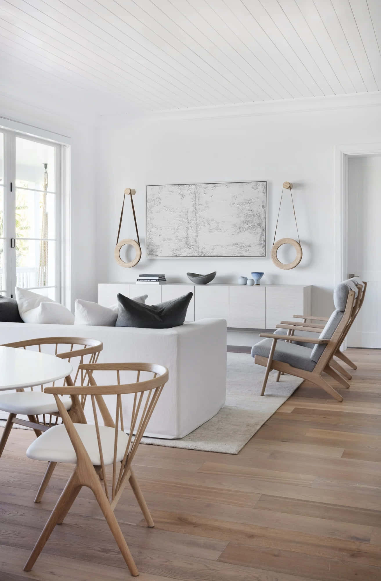 modern minimalist living room, white walls, wooden floors, Full HD Phone Wallpaper