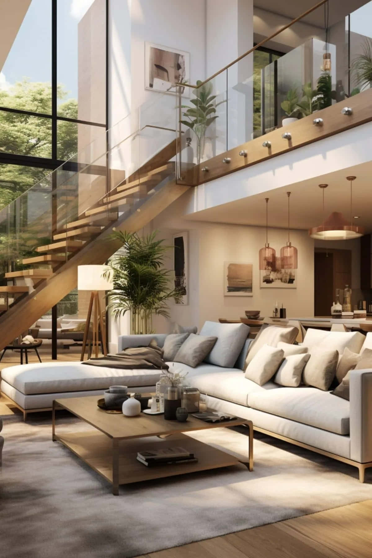 modern open concept living area, mezzanine, wooden staircase, HD Phone Wallpaper