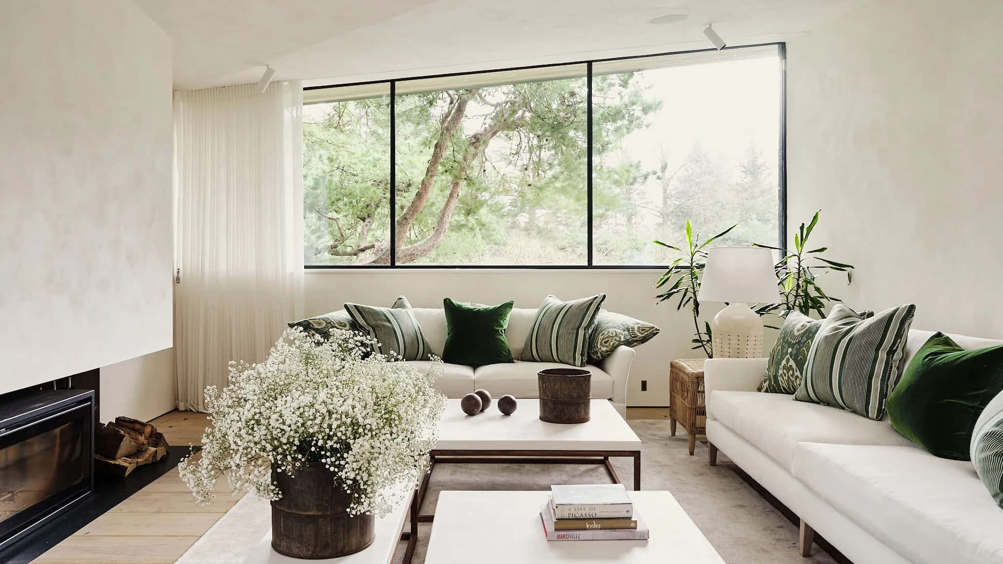 modern living room, white sofas, green pillows, Full HD Desktop Wallpaper