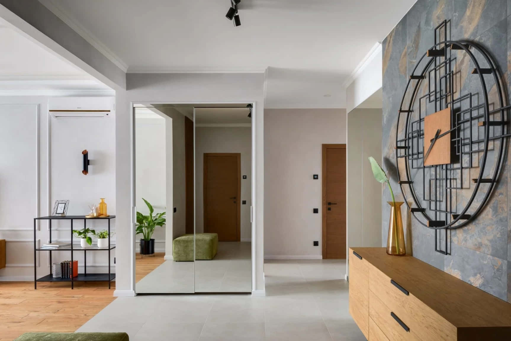 modern minimalist hallway, wooden floors, white walls, HD Desktop Wallpaper