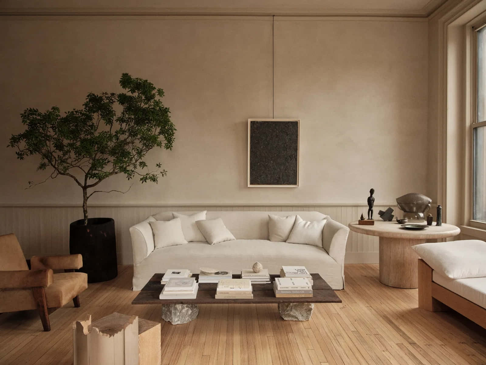 minimalist living room, beige sofa, wooden floors, HD Desktop Wallpaper