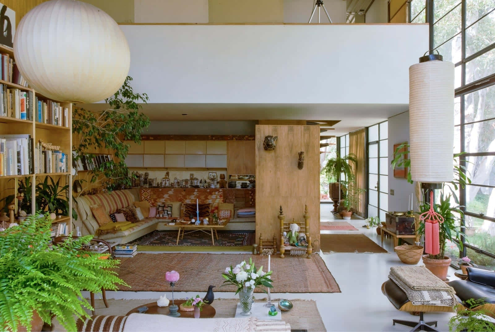 bohemian style, spacious living room, midcentury modern, HD Desktop Wallpaper
