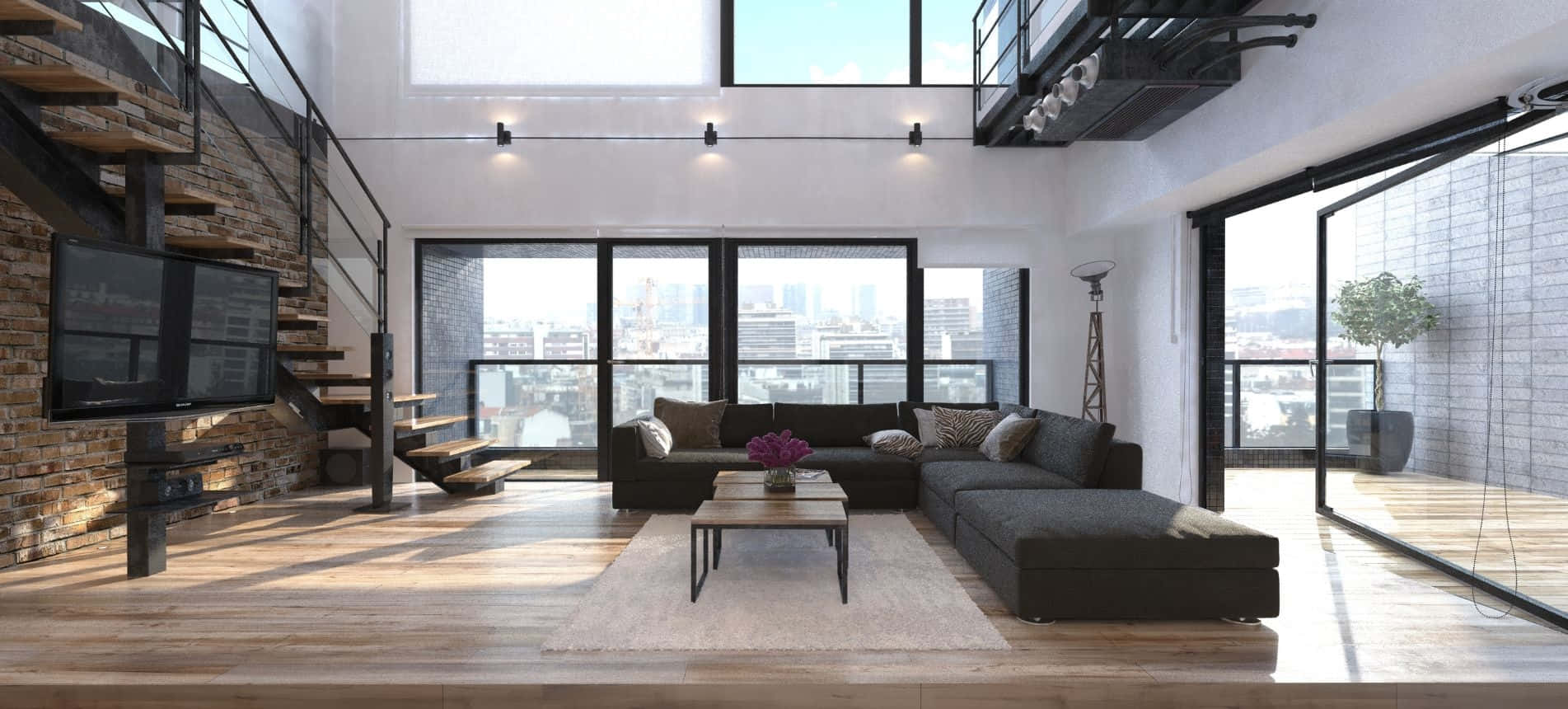 modern loft living room, black sectional sofa, wooden floors, HD Desktop Wallpaper