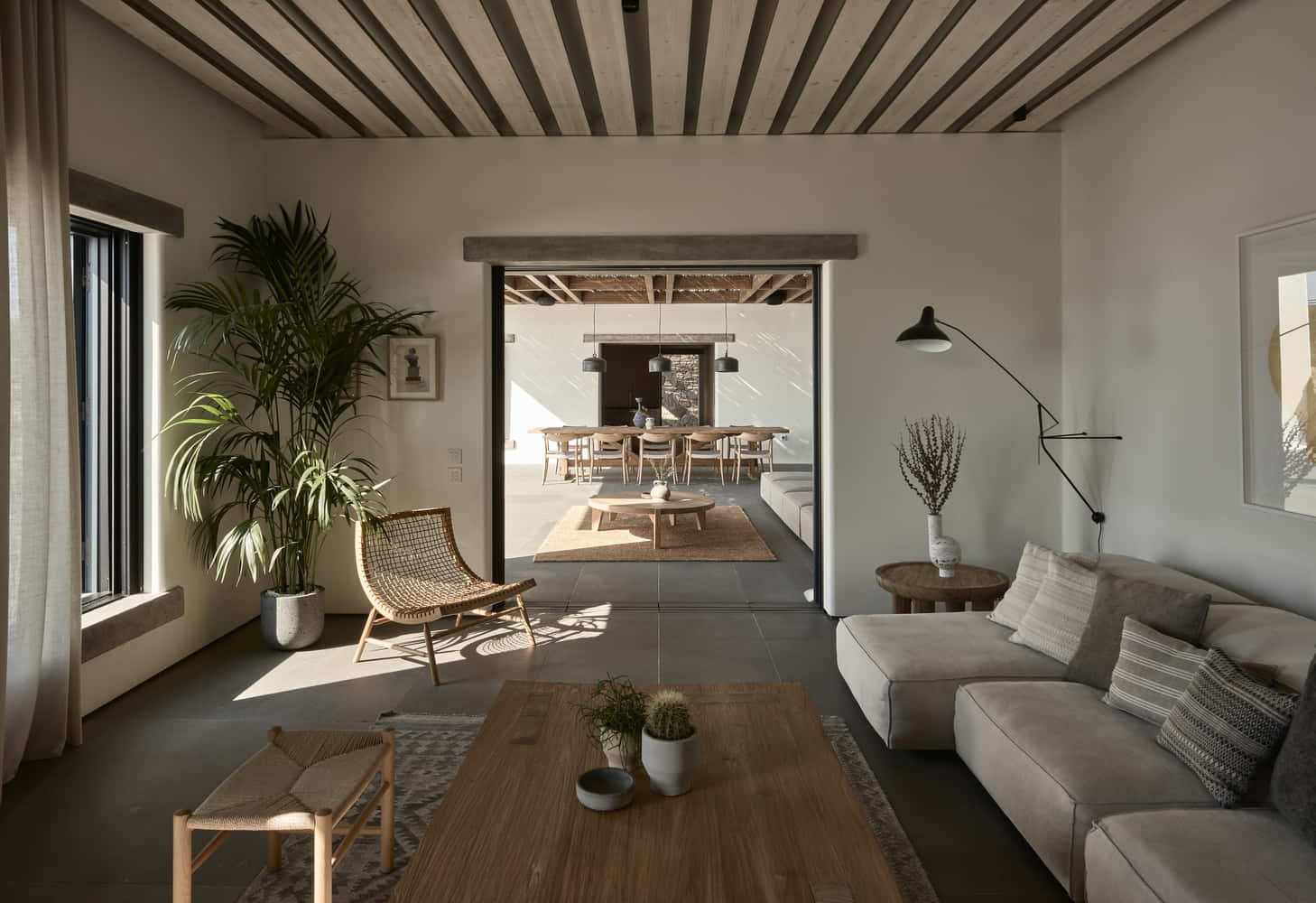 modern minimalist living room, gray sofa, wooden coffee table, HD Desktop Wallpaper