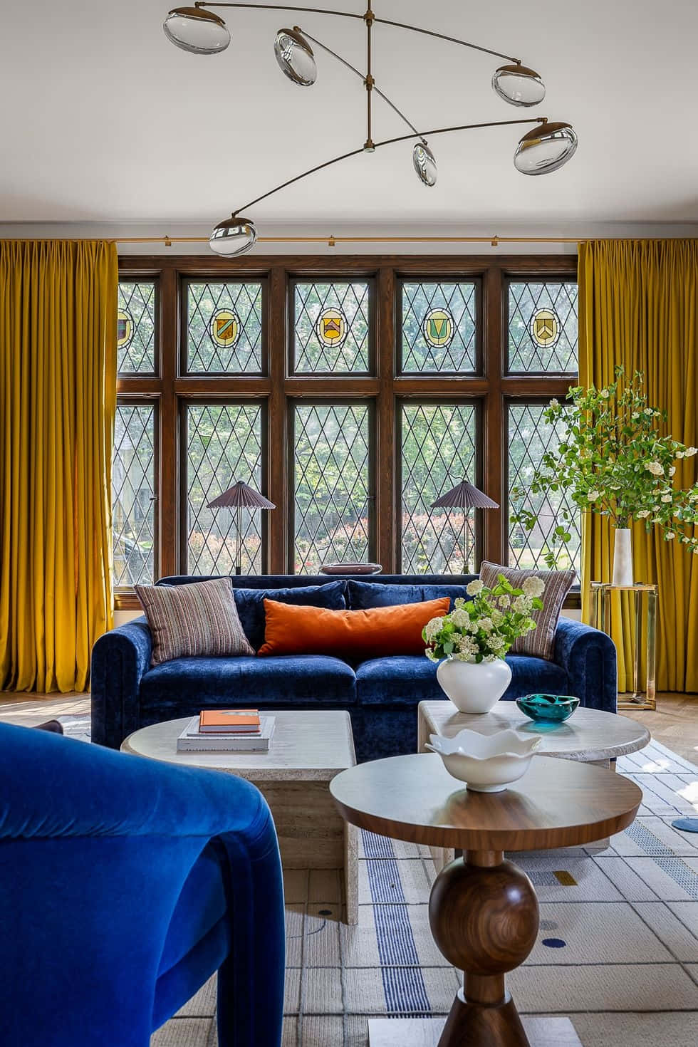 elegant living room, stained glass windows, deep blue velvet sofa, HD Phone Wallpaper