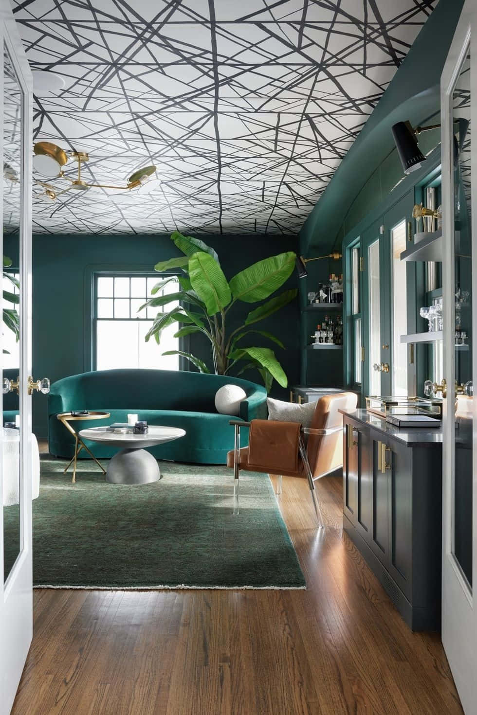 modern emerald living room design, teal walls, ceiling art, HD Phone Wallpaper