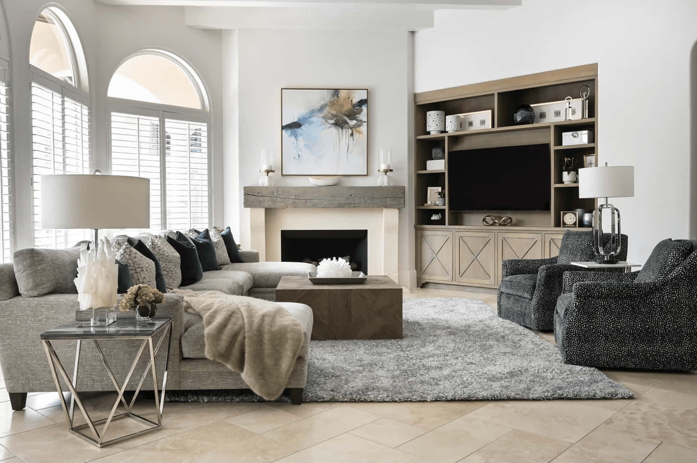 gray sofas, black accent chairs, fireplace, HD Desktop Wallpaper