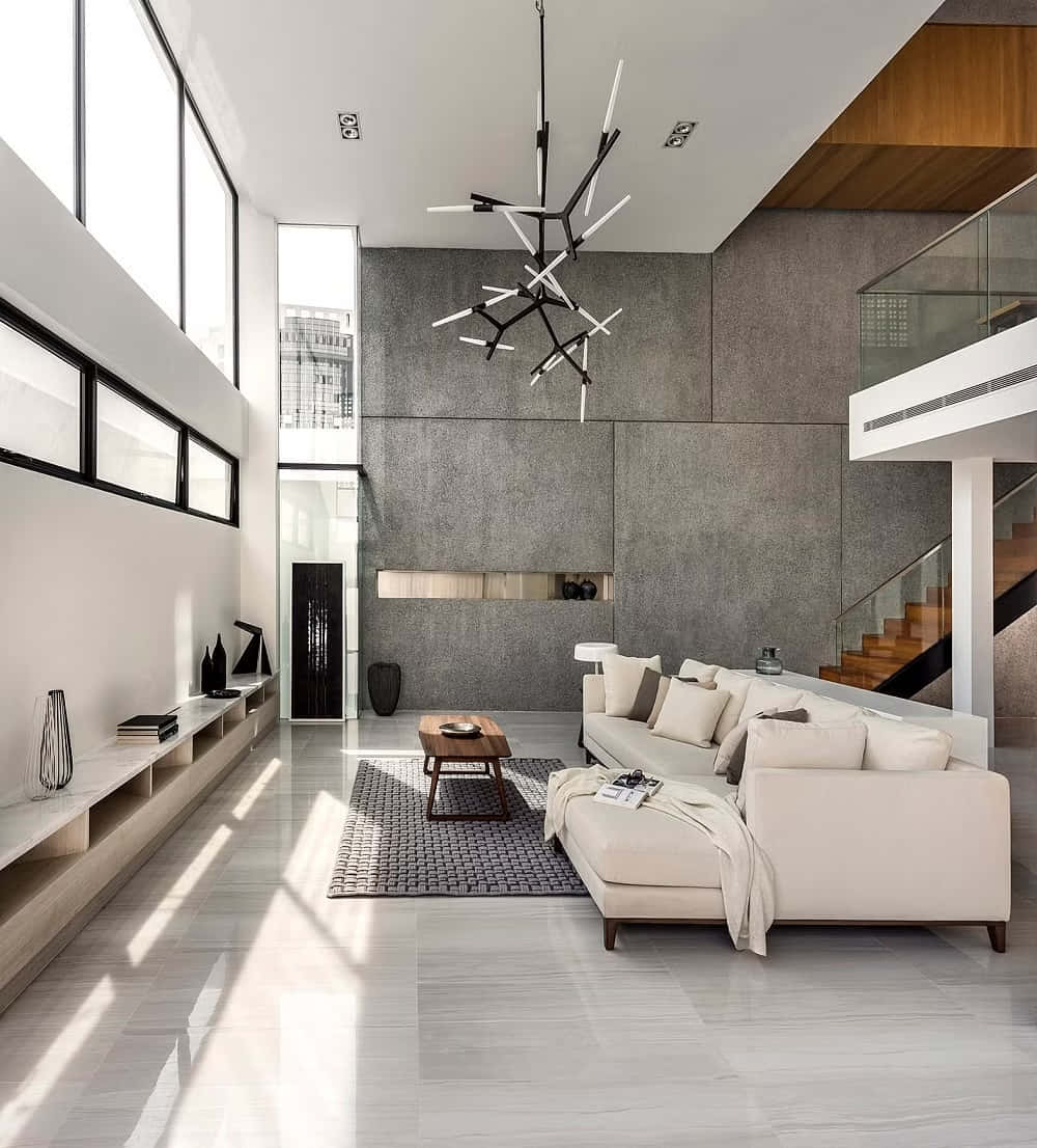 modern living room, high ceiling design, beige sectional sofa, SD Phone Wallpaper