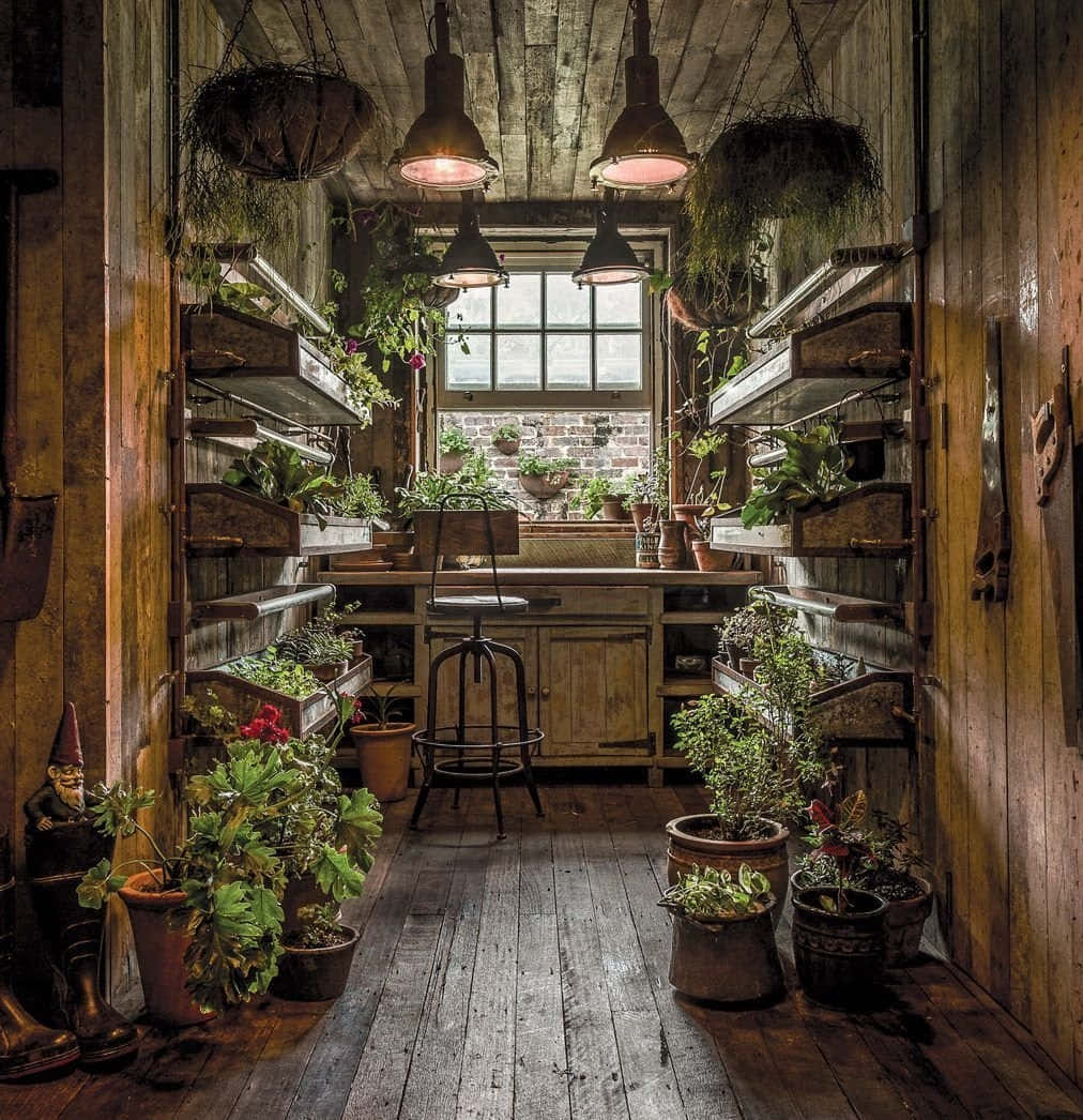 rustic wooden greenhouse, hanging and potted plants, warm pendant lights, SD Phone Wallpaper