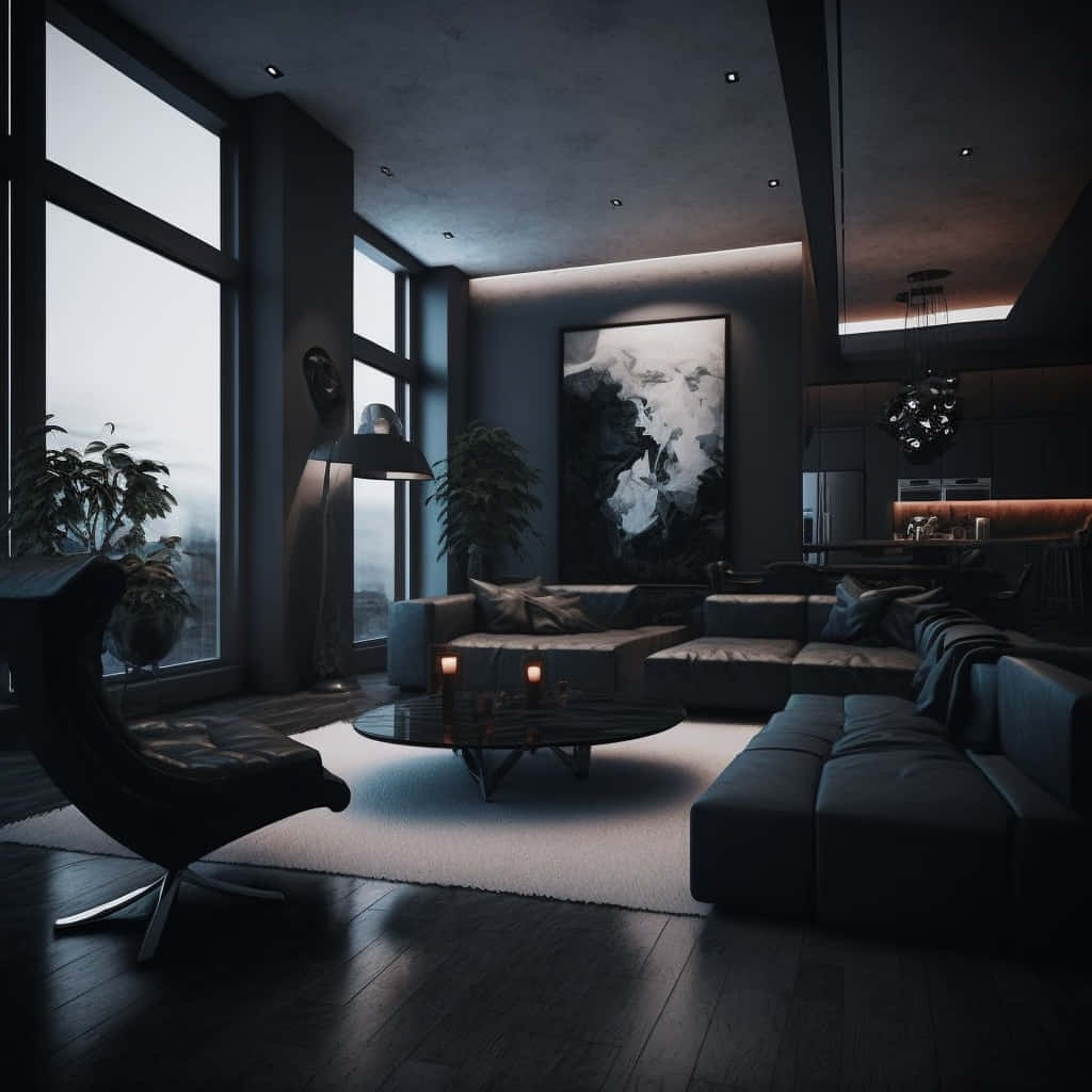 modern living room, dark furniture, ambient lighting, SD Desktop Wallpaper
