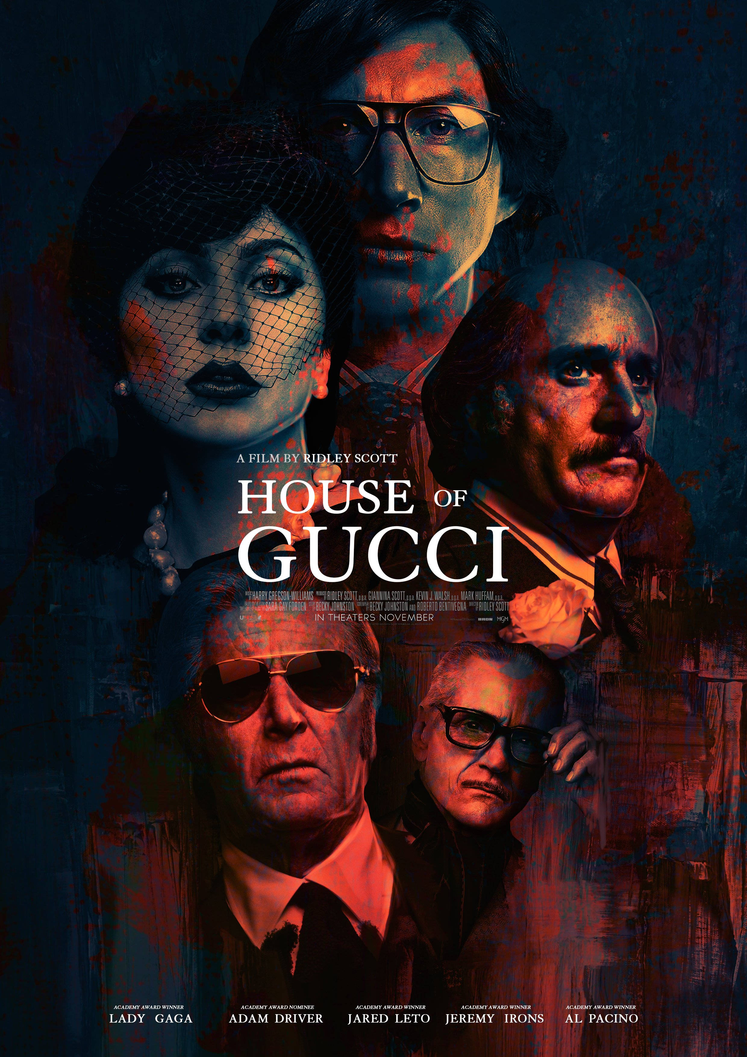 House Of Gucci, red and blue lighting, dark textured background, 2K Phone Wallpaper