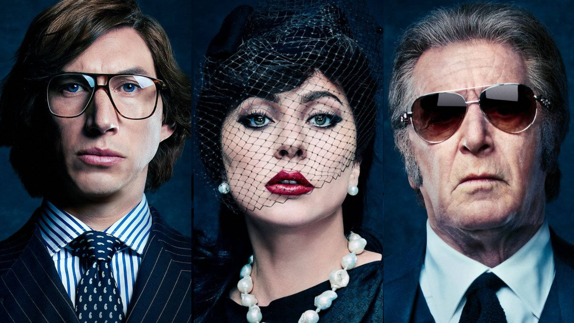 House Of Gucci, main cast, dark blue backdrop, Full HD Desktop Wallpaper