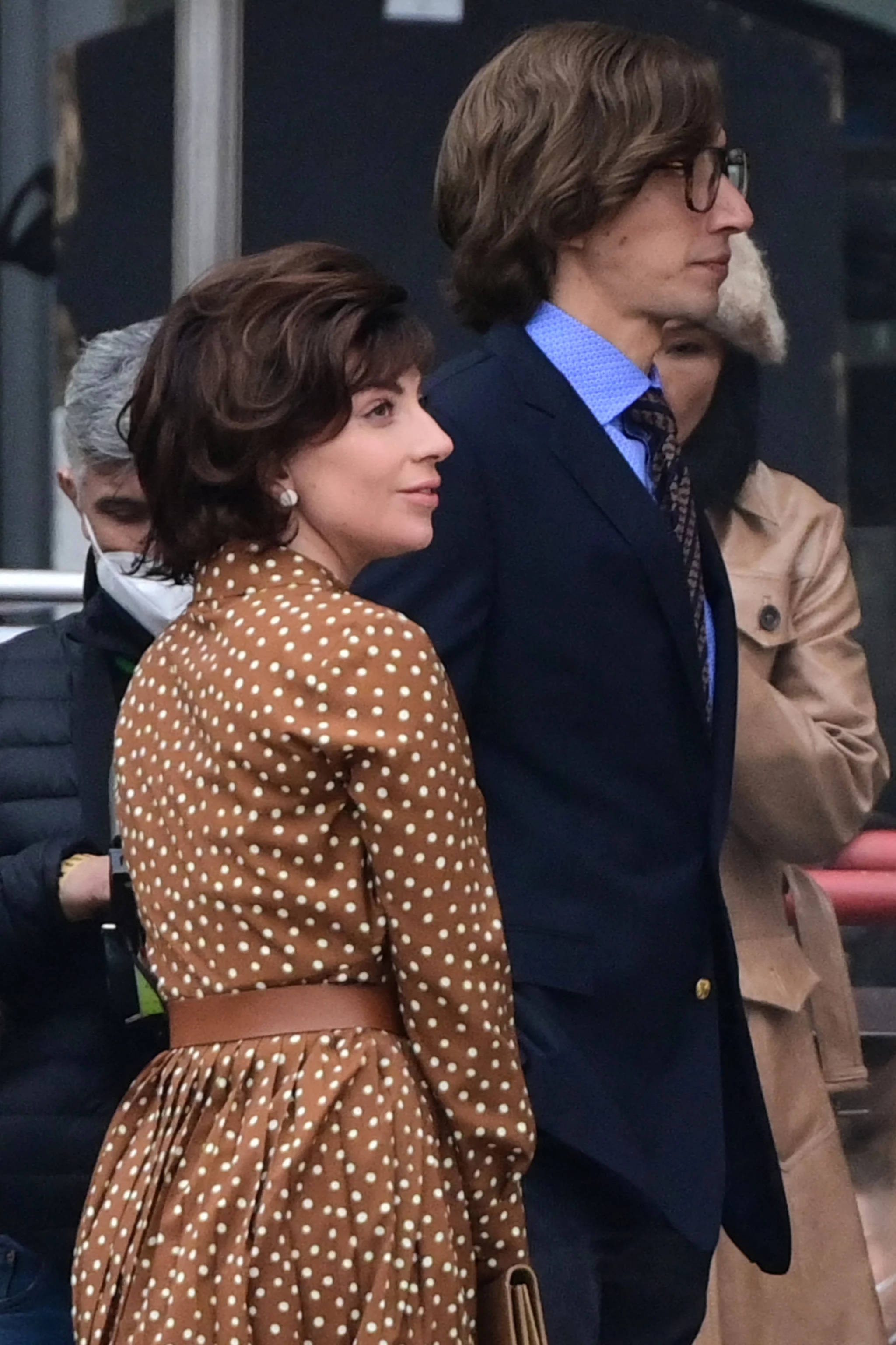House Of Gucci, brown polka dot dress, navy suit, 2K Phone Wallpaper