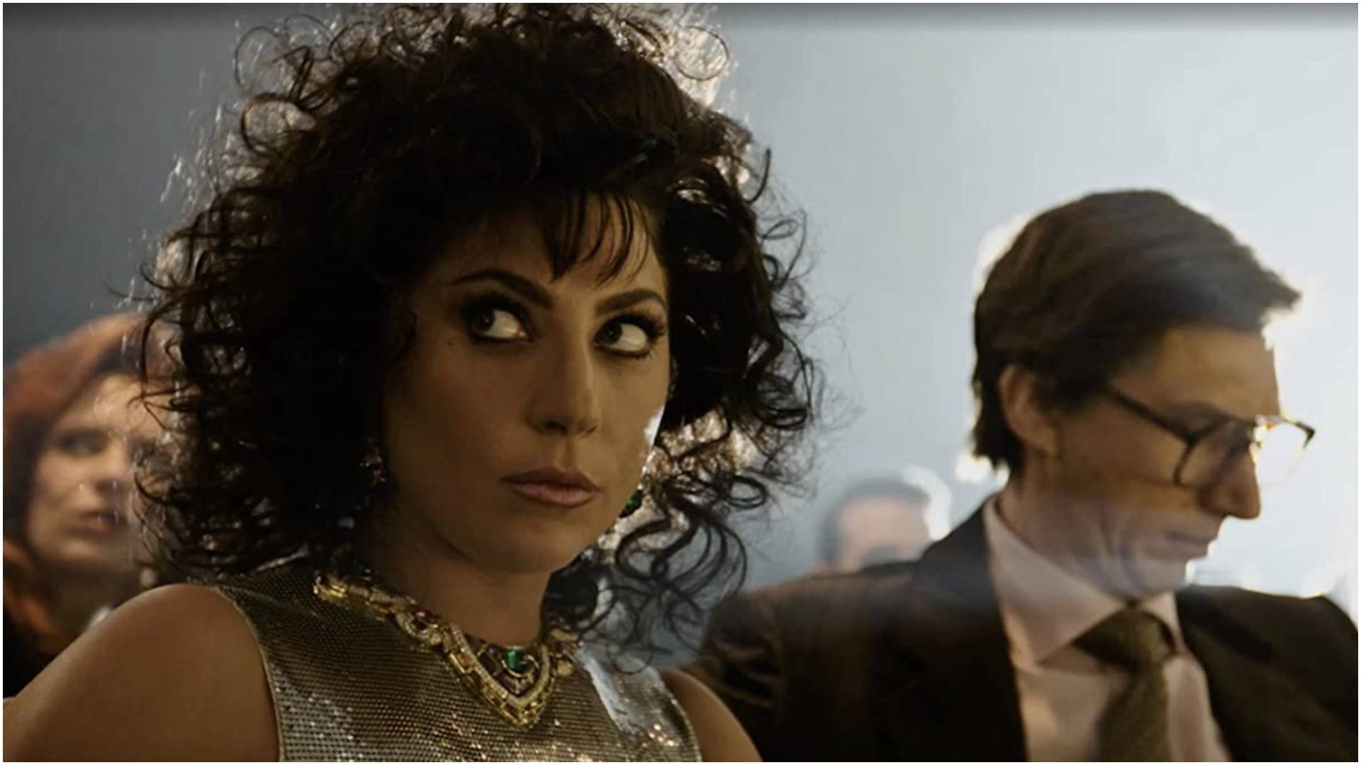 House Of Gucci, silver sequin dress, voluminous dark curls, Full HD Desktop Wallpaper