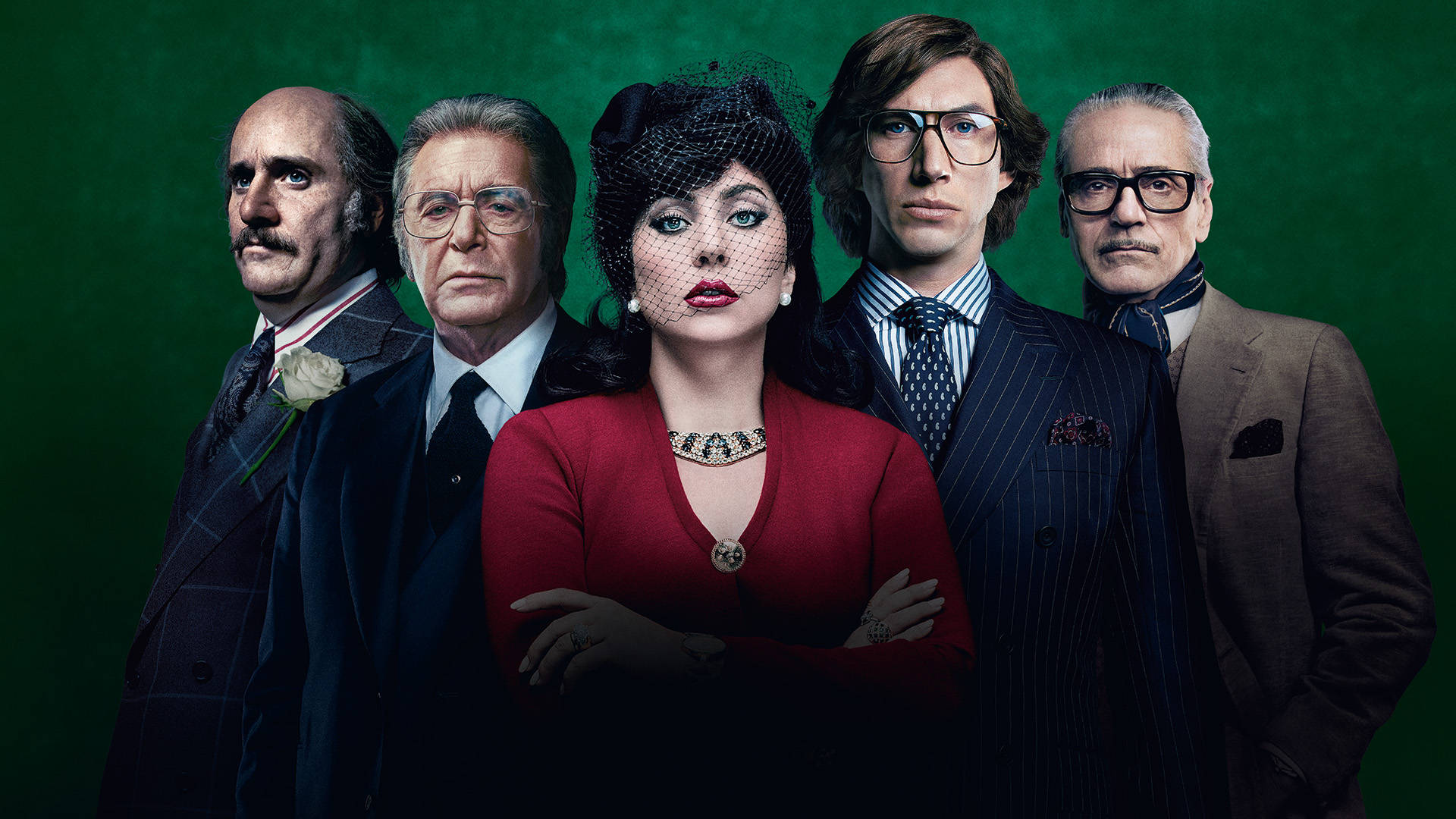 House Of Gucci, characters, deep green backdrop, Full HD Desktop Wallpaper