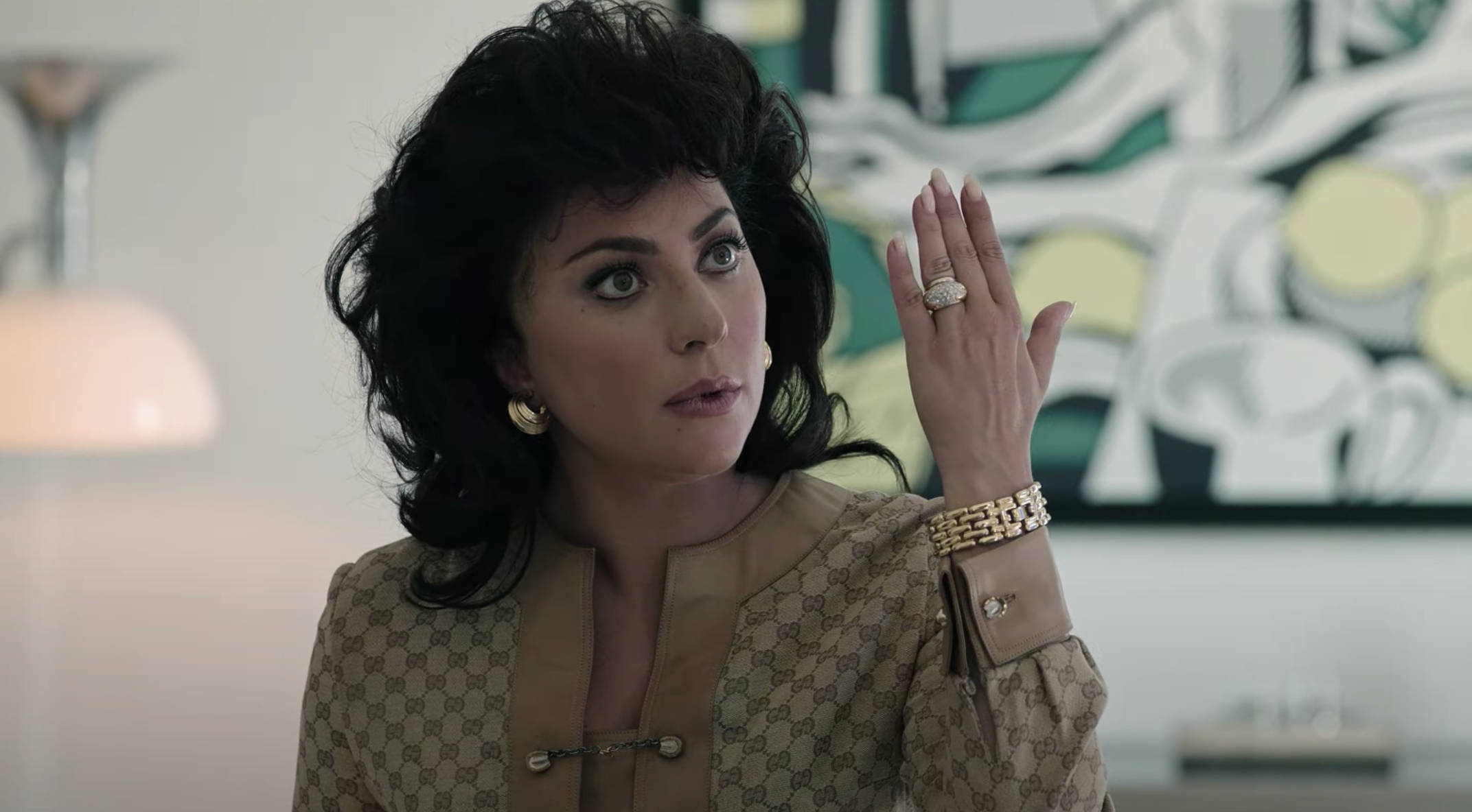 House Of Gucci, dark curly hair, patterned jacket, Full HD Desktop Wallpaper
